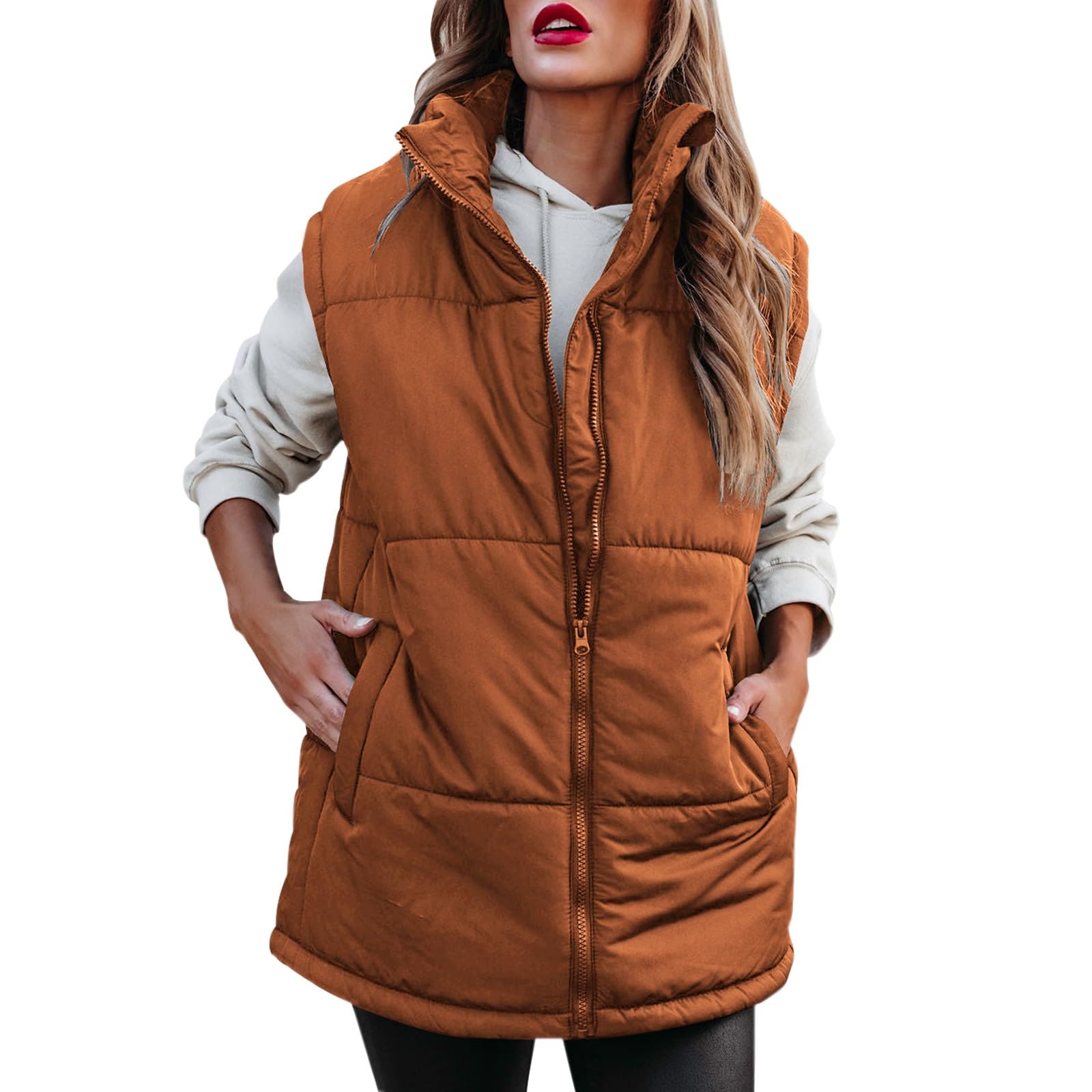 Generisch Chaleco acolchado ligero para mujer, chaleco de plumón para mujer, negro, cuello alto, chaleco de invierno con cremallera, chaqueta de algodón con bolsillos, chaleco de pescador, chaleco de