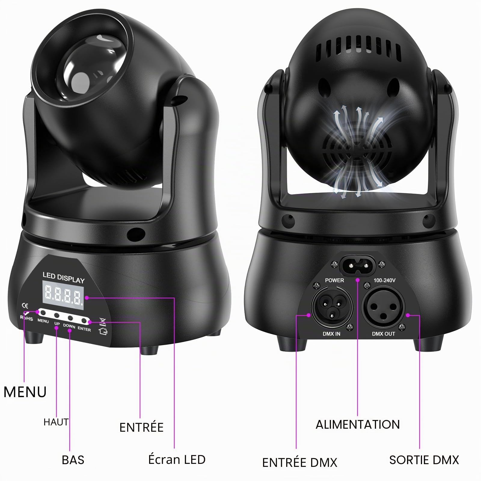 Mini Lyre LED 60W Beam Tête Mobile Lumière de scène, RGBW lumière de fête dmx512 commande vocale Système d'éclairage professionnel pour éclairage de scène Disco DJ Bar Noël (Nouvelle version)