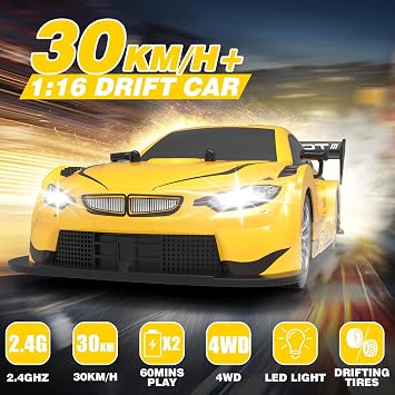 RC Drift Car 1:16, 2.4GHz 4WD Remote Control Car, 30+KM/H High Speed Drifting RC Cars with LED Lights Two Batteries and Drift Tires Racing Cars for Adults Boys Kids, Yellow