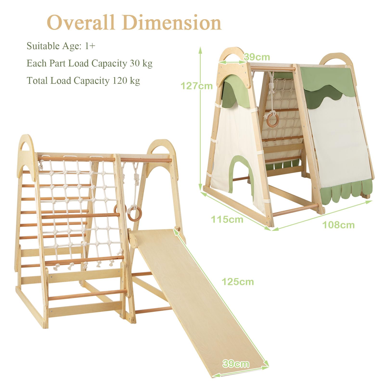 LIFEZEAL 6 in 1 Kletterdreieck Indoor, Klettergerüst mit Rutsche aus Holz, Kletternetz & Kletterleiter & Ringe, Kinderspielplatz Kletterspielzeug ab 3 Jahre