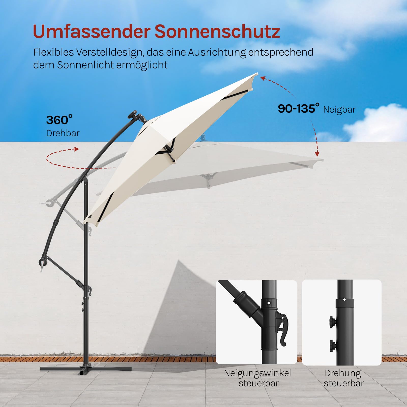 WOLTU Sonnenschirm 300 cm, mit Solar-LED-Beleuchtung, Ampelschirm rechteckig 360° drehbar, Sonnenschutz UPF 50+, mit Windschutzseilen Schutzhülle, für Balkon Garten Terrasse, Beige