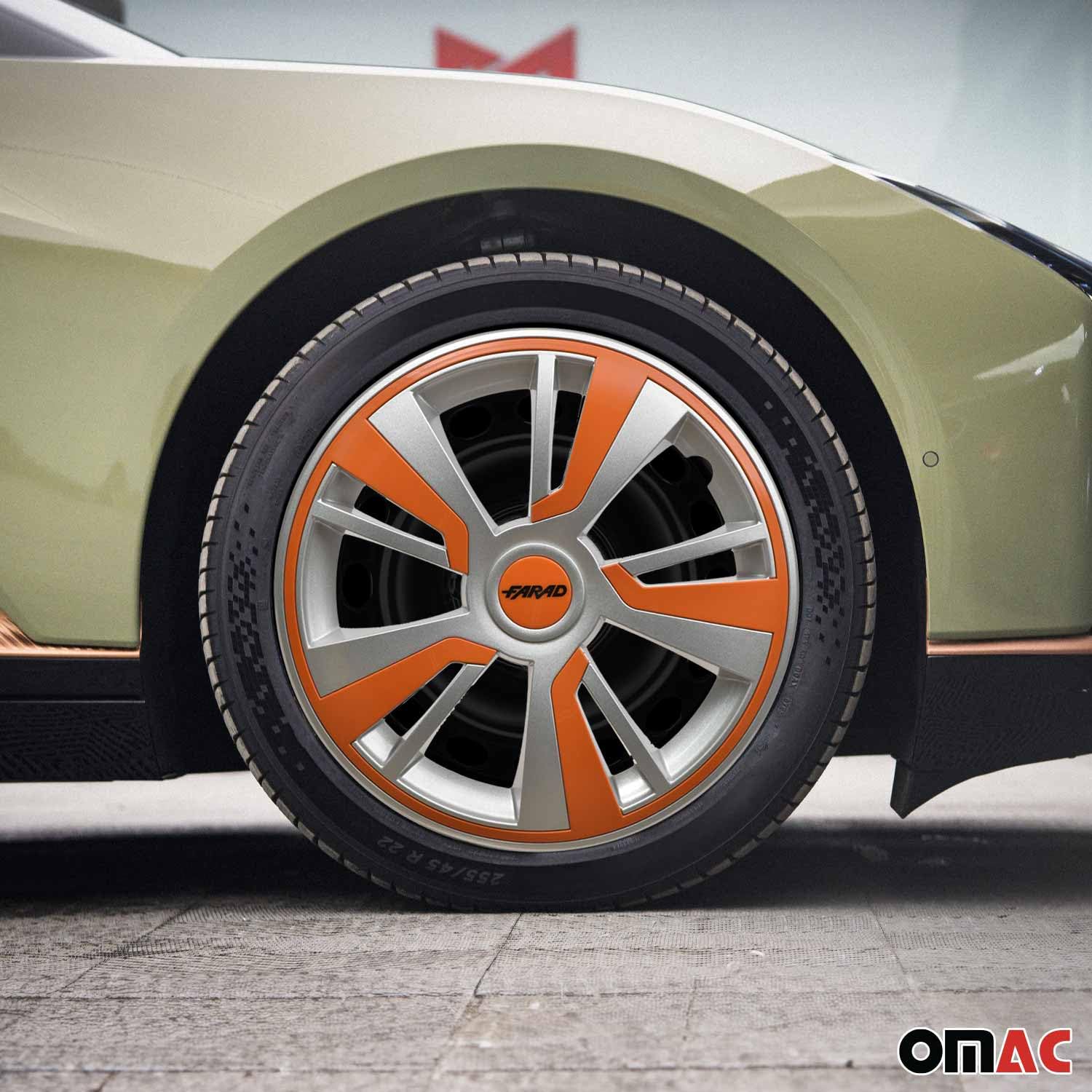 OMAC - Gray with Orange Hub Caps 15 Inch Set of 4, Tapas para Rines 15, Premium Wheel Covers 15 Inch, R15 Rim Cover Set, Snap On Durable Car Replacement Exterior Accessories