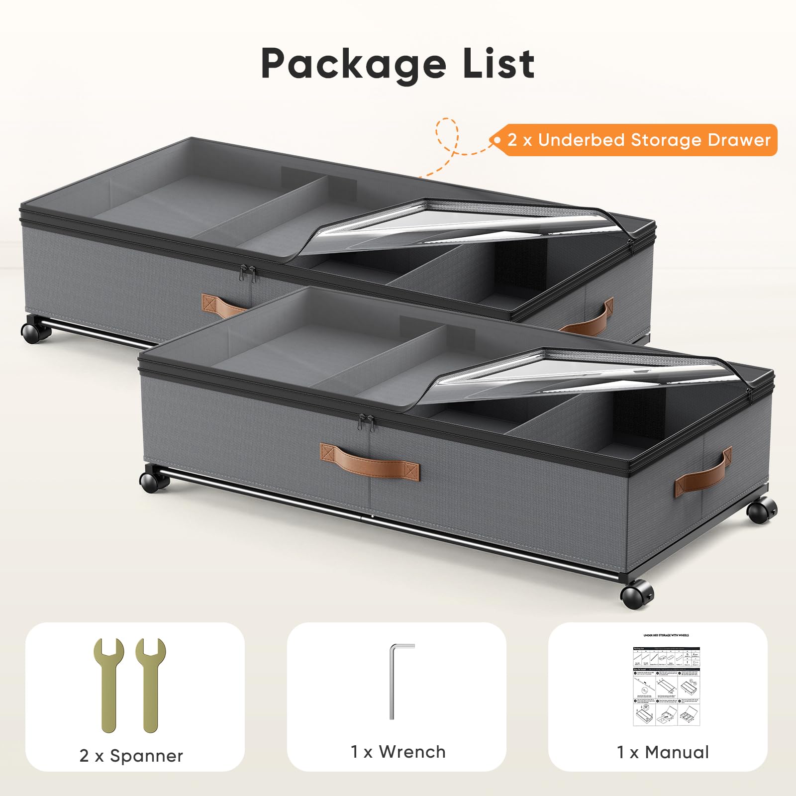 2 unidades de almacenamiento para debajo de la cama de 72 L, con ruedas de rotación de 360° y tapa de PVC, marco de metal, para ropa, zapatos, juguetes y mantas