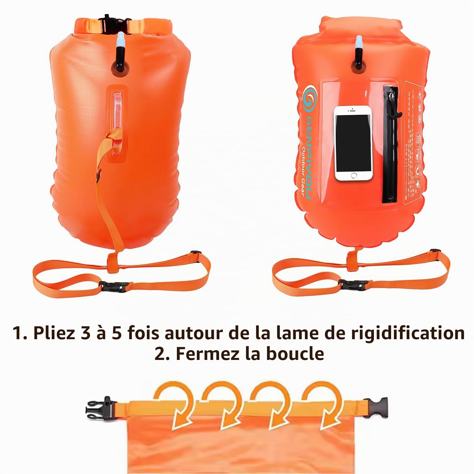 PORFOYO Bouée de natation en eau libre - Sac étanche - Pour adultes - Avec ceinture réglable - Pour triathlons, kayak, haute visibilité