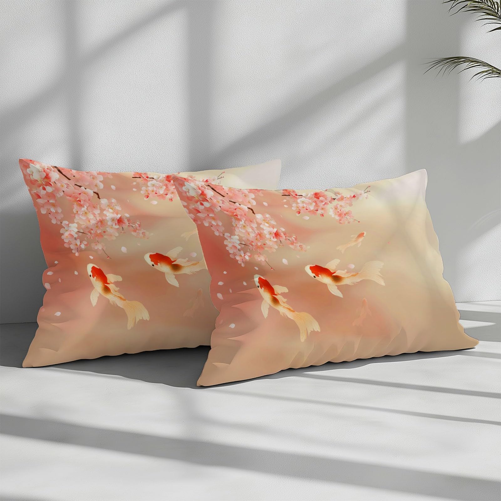 Kirschbaumzweig mit Koi Karpfen Wendebettwäsche 200x200 cm in Korallenrosa, kuschelige Bettwäsche-Set 3-teilig, weich bügelfrei & allergikergeeignet, inkl. 2x Kissenbezug 80x80 cm mit Reißverschluss