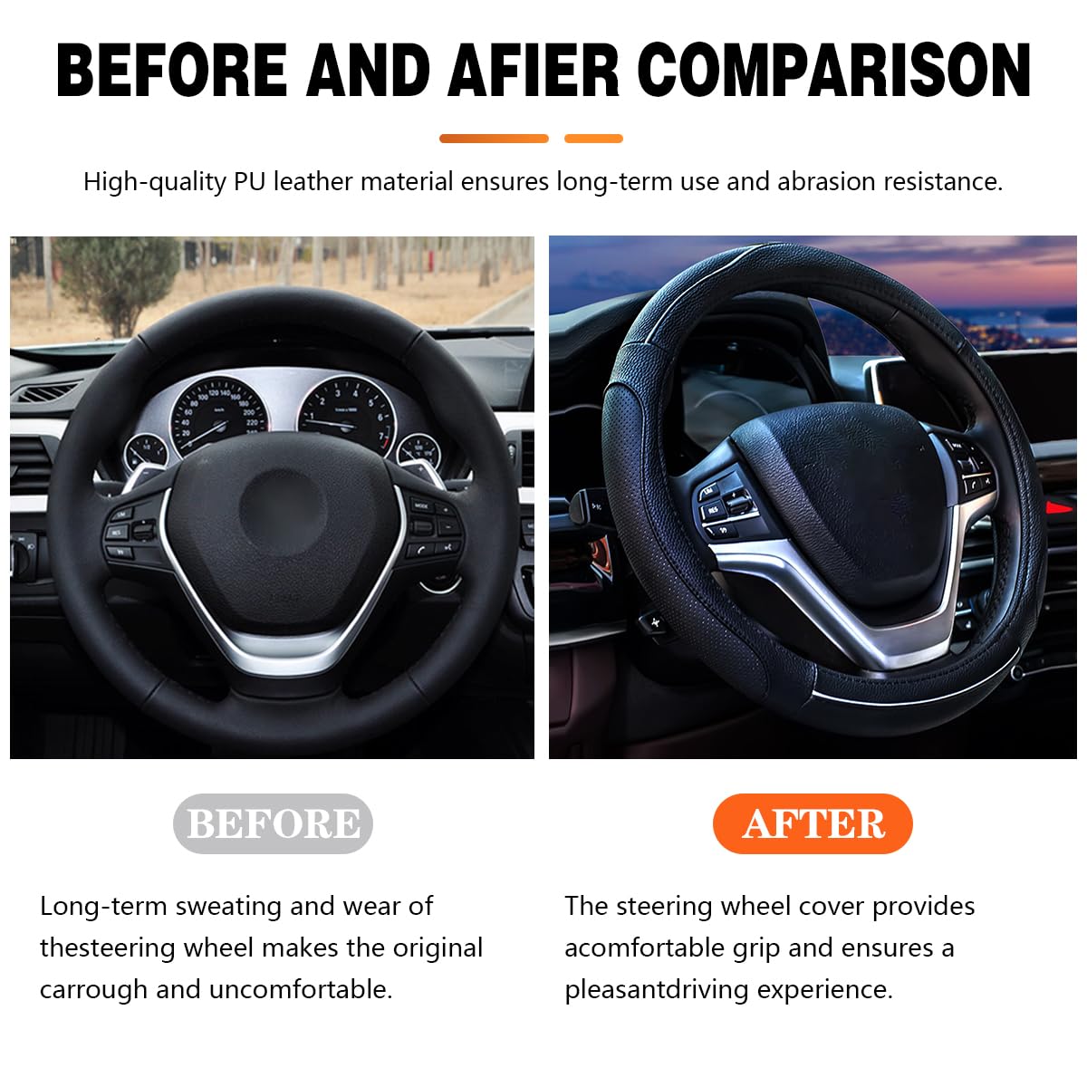 BELOMI Leather Car Steering Wheel Cover, Breathable Non-Slip Vehicle Steering Wheel Protectcor, Soft Auto Decoration Accessories, 15 inch Universal for Vehicles, SUVs, RVs and More?Black?