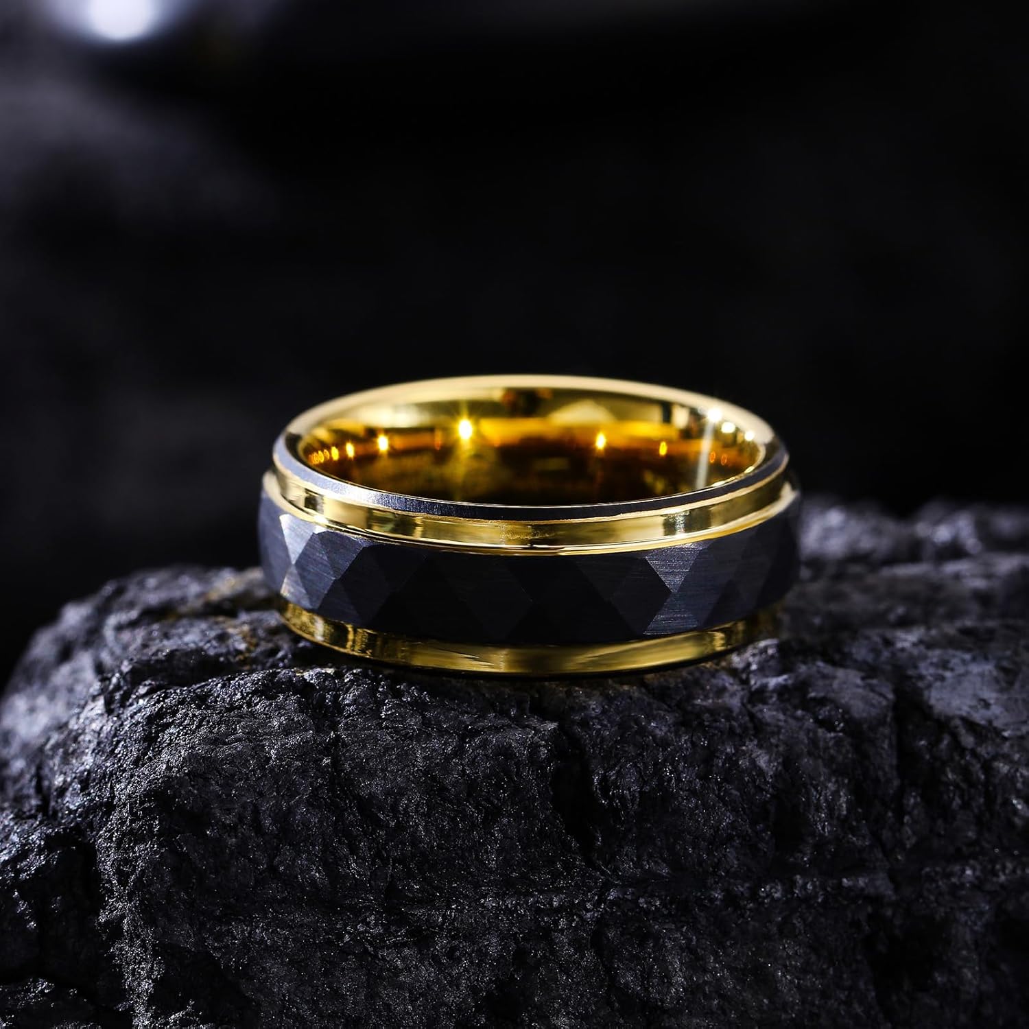 Black Tungsten Rings for Men - Rhombus Hammered Finish with Gold Edge, Comfort Fit, Hypoallergenic Wedding Bands - Image 3