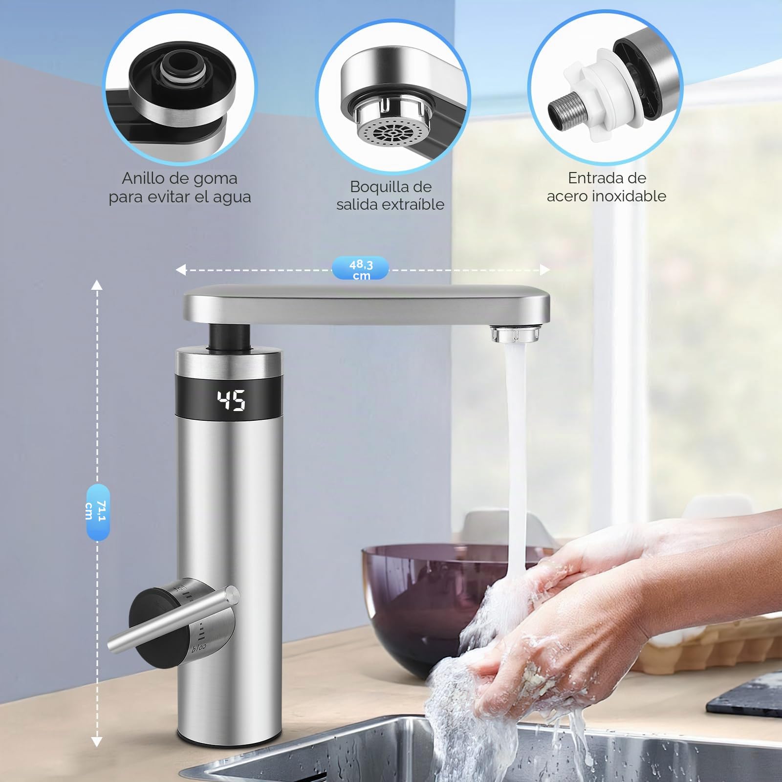 3000 W 230 V grifo de agua eléctrico de paso de acero inoxidable con calentador de agua, grifo de cocina con indicador de temperatura, grifo de agua caliente y fría para cocina y baño
