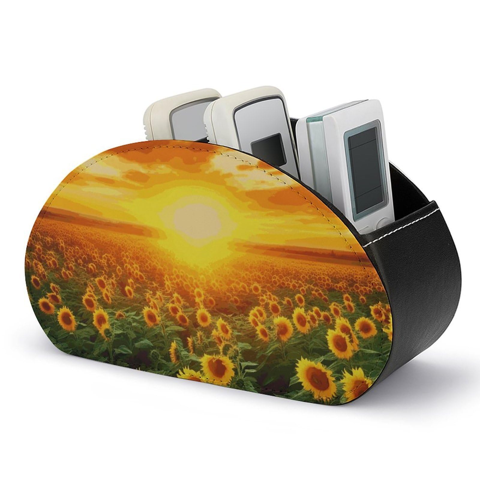 JTREHY Dreamlike Sunset Of A Sunflower Field Remote Control Holder with 5 Compartments Pu Leather Remote Caddy Box Multi-functional Deskt Holders Organizer Box Tray Bedside Table Storage Organizer