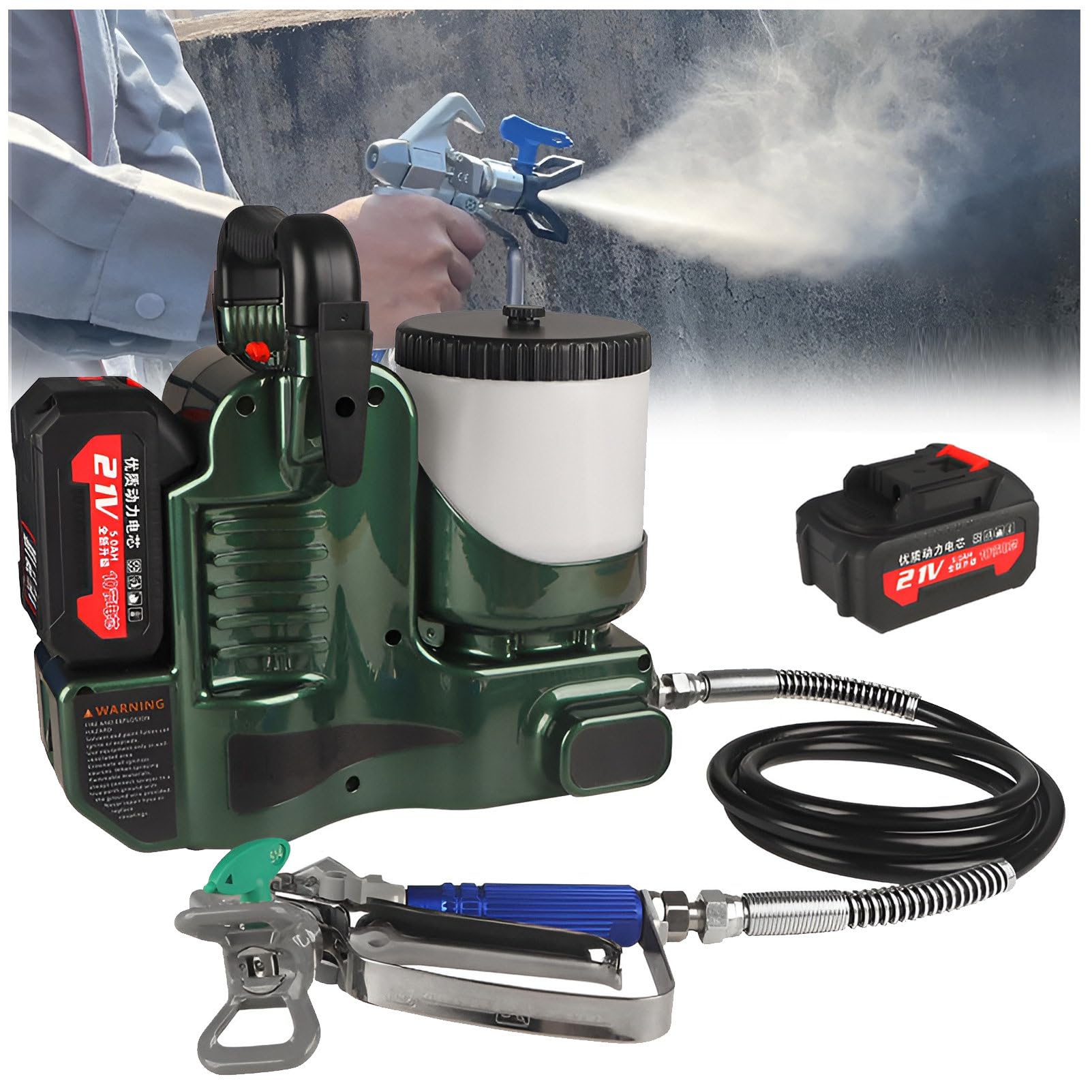 Pistola a spruzzo airless Senza Fili da 500 W, Pistola a spruzzo elettrica Portatile ad Alta Pressione (15 MPa) da 1,2 l, con Batteria al Litio da 21 V, 6 velocità Regolabili Green-1Battery