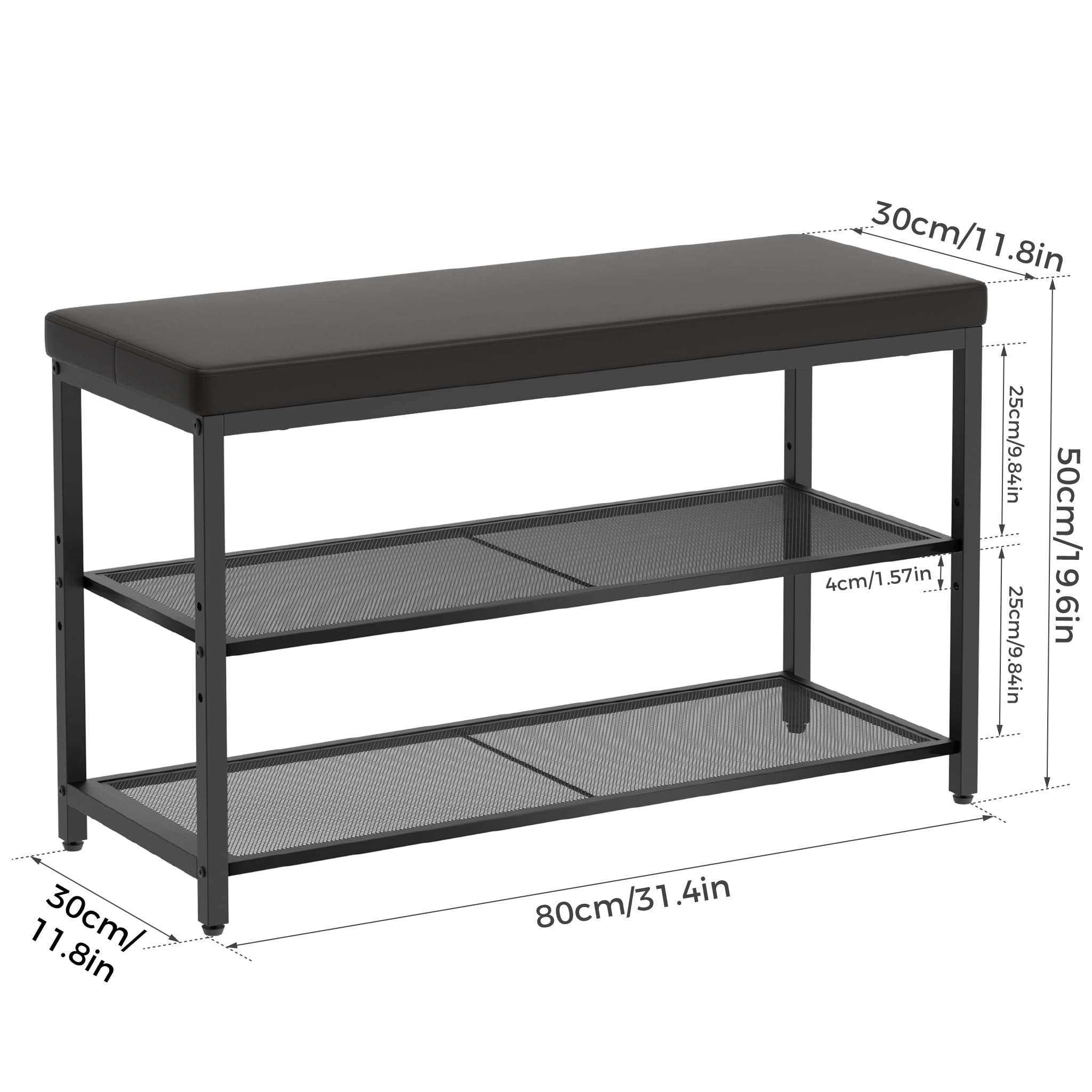 Mondeer Schuhregal mit sitzbank Polsterauflage schwarz 80x30x50 | Schuhgitter verstellbar. Kunstleder, leicht reinigbar. Metall stabil , Schuhaufbewahrung. Für Flur, Diele, Wohnzimmer.