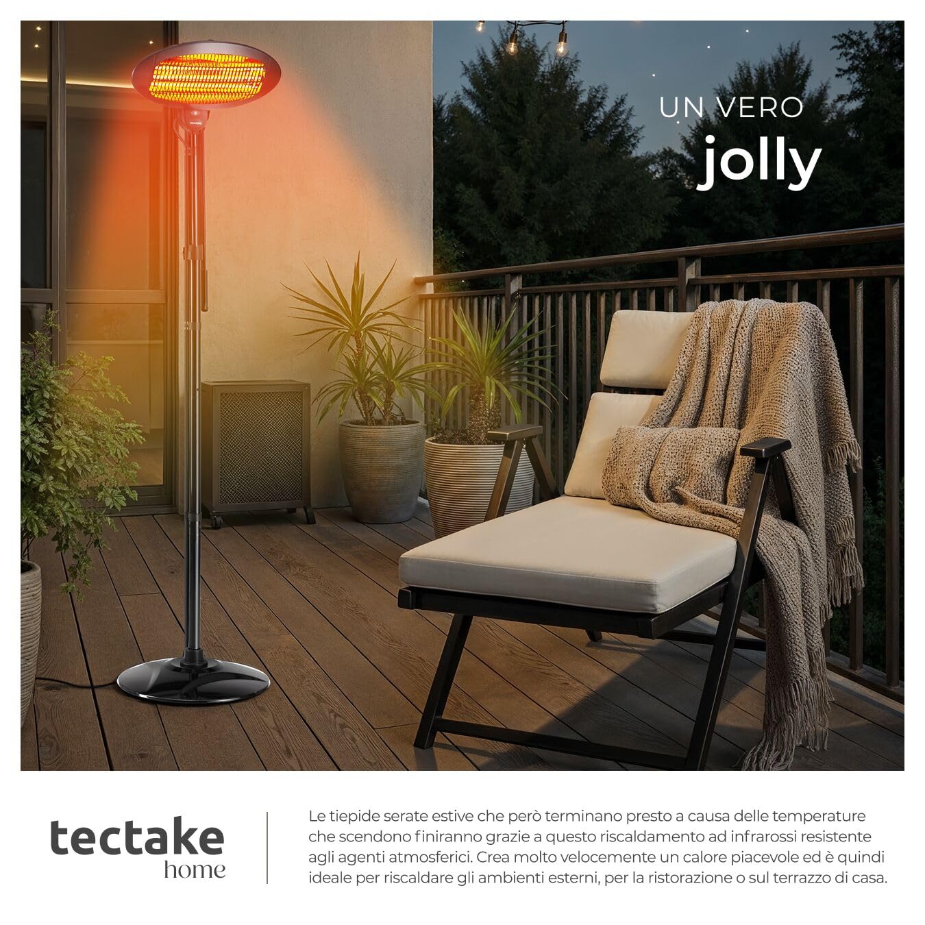 Tectake Riscaldatore a Infrarossi 2000W Lampada Regolabile 3 Livelli Potenza Protezione Anti-Ribaltamento Nero