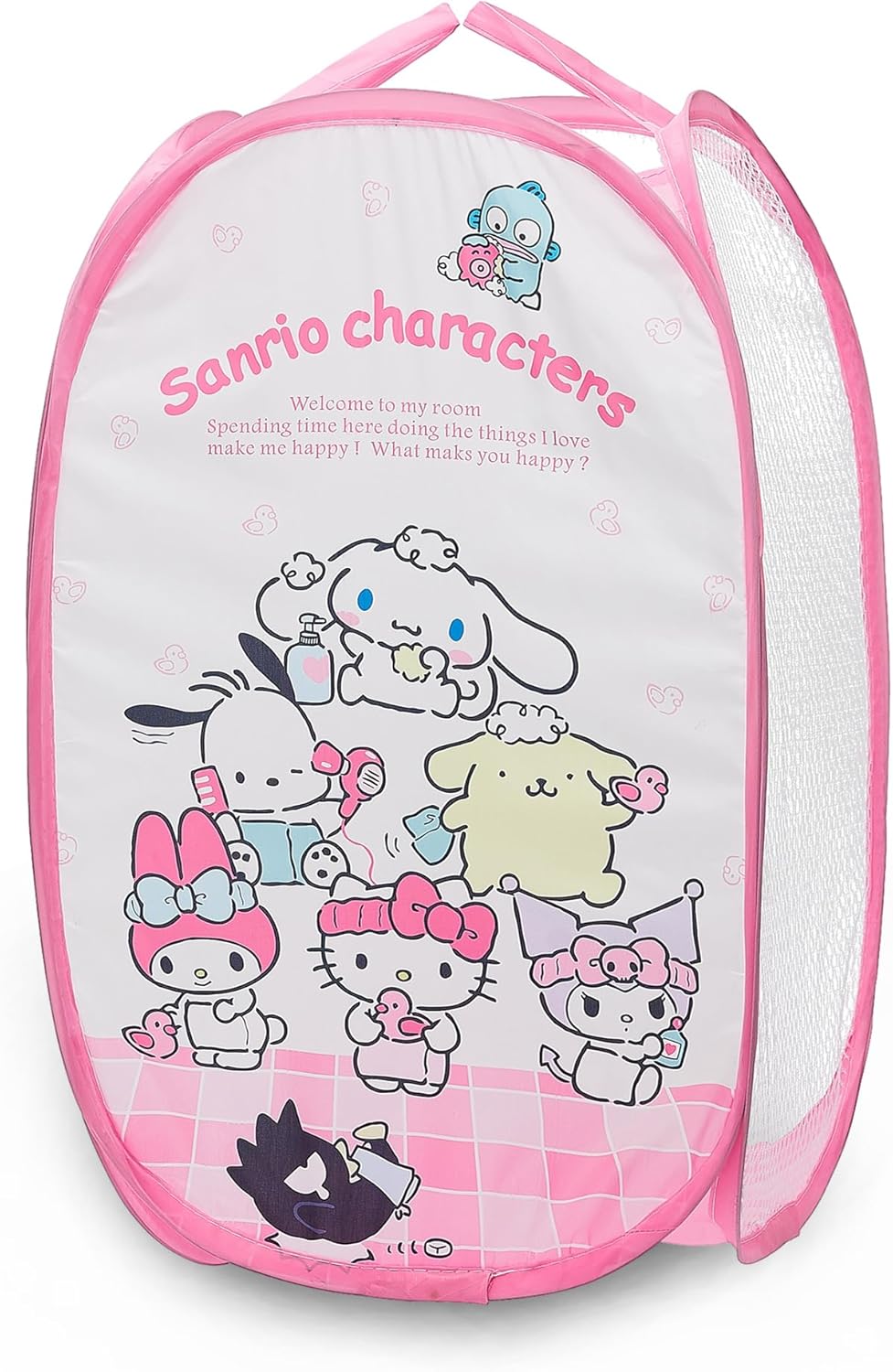 Cute Mesh Popup Laundry Hamper with Carry Handles, Large Capacity Foldable Lightweight Dirty Clothes Basket for Girls Room, Dorm | Travel & Camping