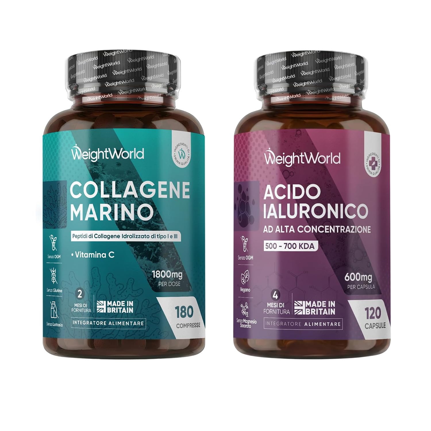 Collagene Marino Idrolizzato 1800mg + Acido Ialuronico 600mg Bundle | 180 Compresse + 120 Capsule, Peptidi di Collagene Tipo I e III con Vitamina C, Acido Ialuronico Integratore, 500-700 kDa, GMP