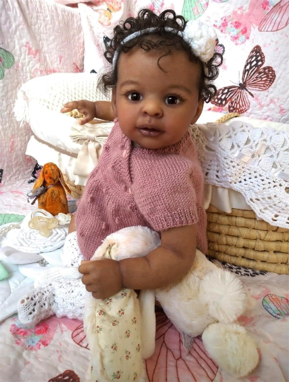 Zero pam Reborn Baby Mädchen, 48cm Reborn Baby Vollvinyl Lebensecht Puppe Mit Haaren, Realistisch Schwarze Babypuppen Wie Echt Puppe Ab 3 Jahre Mit Fütterung Zubehör