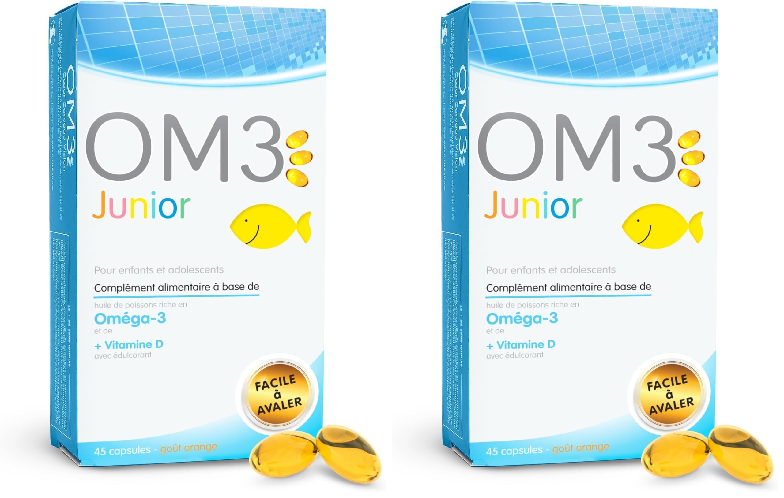OM3 - Junior- Huile de poissons concentrée à 65% d'Oméga-3 et de Vitamine D-Pour enfants et adolescents- 45 capsules à avaler ou mâcher (Lot de 2)