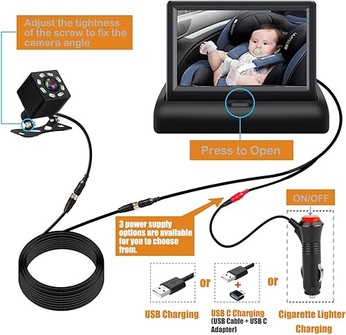Miniatura 8 de Monitor de cámara de coche para bebé, espejo de coche para USB, USB, puertos de encendedor de cigarrillos, ver al bebé en el asiento trasero con