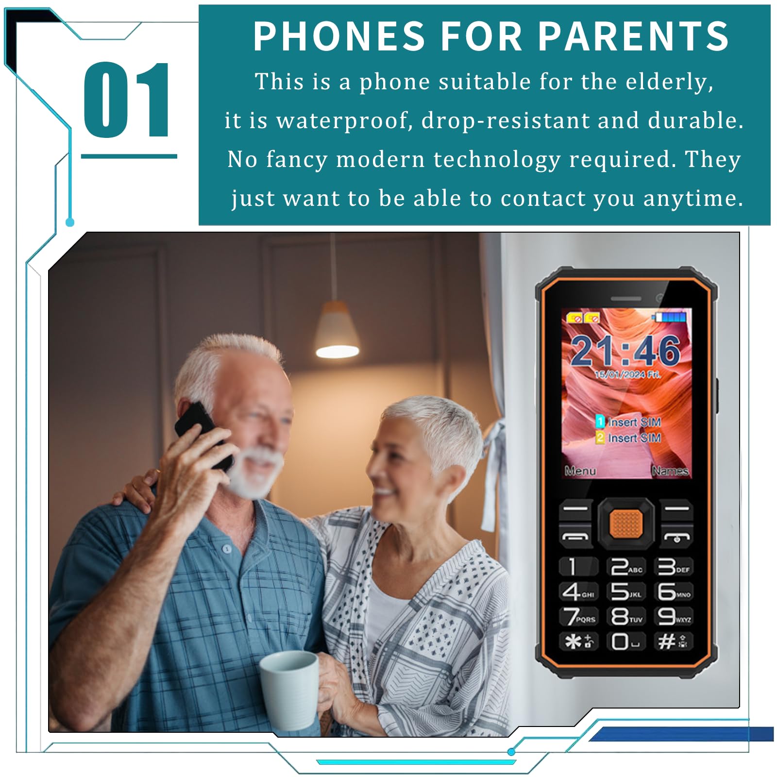 Podstawowy Telefon Komórkowy Dla Osób Starszych, Duża Klawiatura, Duże Czcionki, Duży Wyświetlacz, Duże Głośniki, Wodoodporność/Zabezpieczenie Przed Upadkiem, Bogate Funkcje