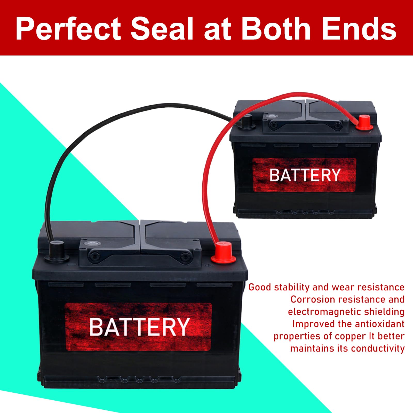 Lot de 2 câbles de batterie 35 mm²/2 AWG - En cuivre sans oxygène - Rouge et noir - 100 cm - Câble de batterie 12 V - Câble de batterie 35 mm² - Avec bornes à anneau M8 - 12 V - Pour voitures, motos