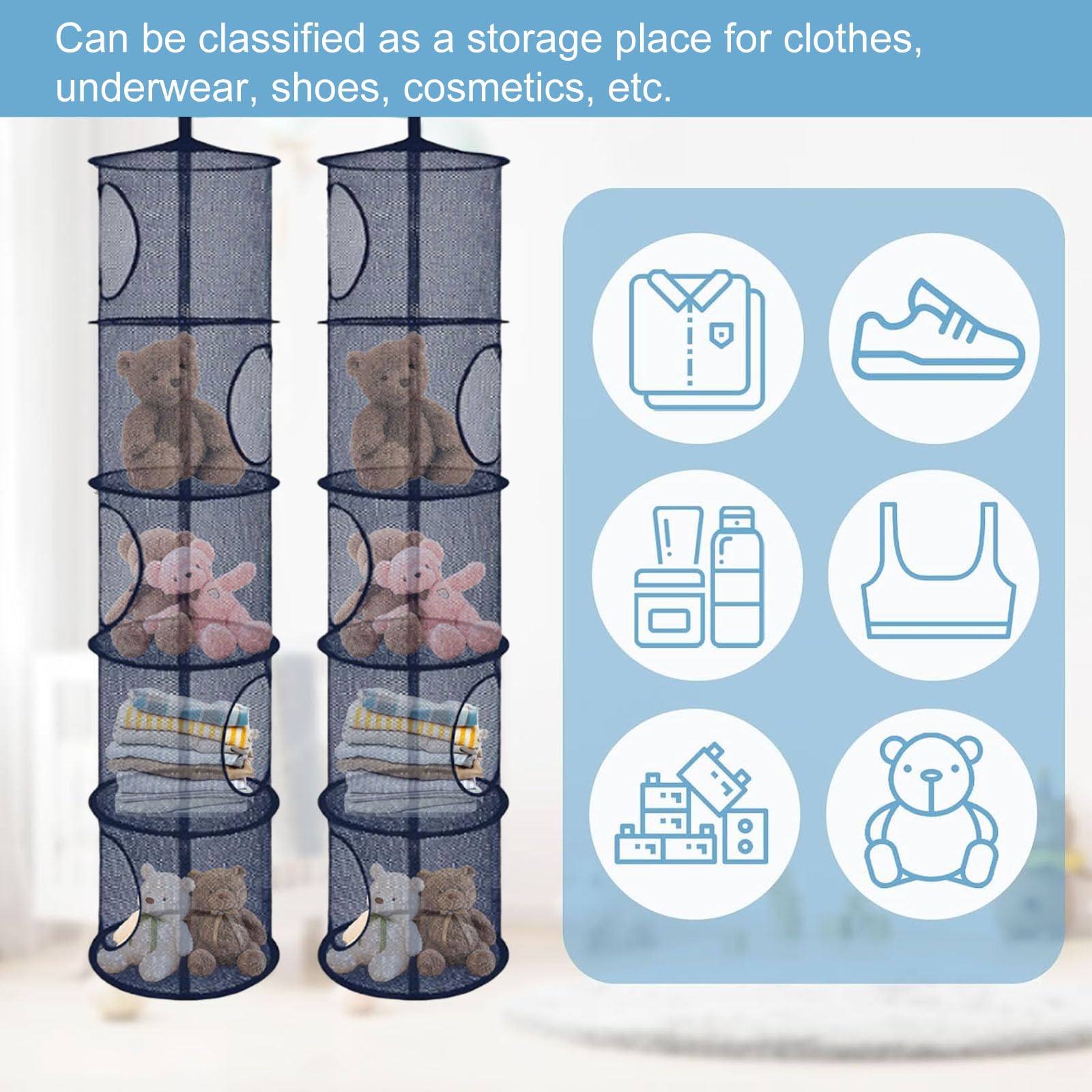 Hanging Mesh Storage Basket, 2PCS Foldable Soft Toy Storage, 5 Tier Hanging Toy Storage Net, Teddy Storage Hanging Mesh - Image 3