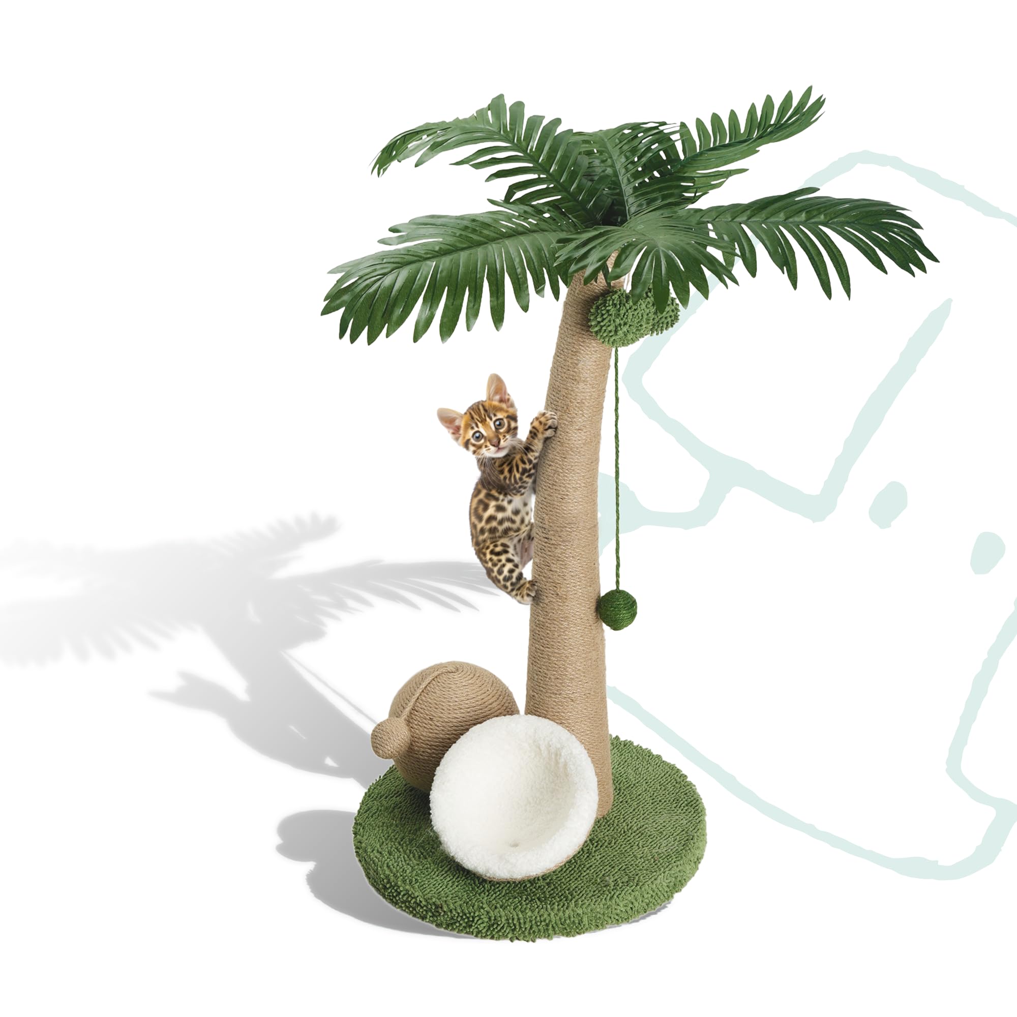 Kratzbaum für Katzen 74 cm, Palmenform mit Hängespielbällen und doppelten Kokos-Spielzeugen, Kratzsäule für Wohnungskätzchen, extra Stabiler Standfuß, pfotenfreundliches Jutematerial