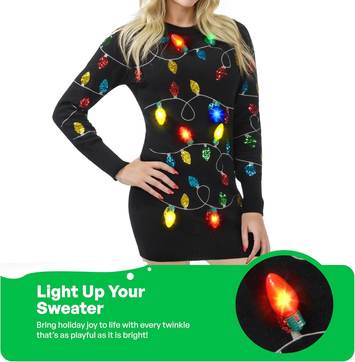 Giggling Getup Womens Light Up Ugly Christmas Sweater Dress with Light Up Bulb, Sweater Dresses for Women 2025 - Image 3