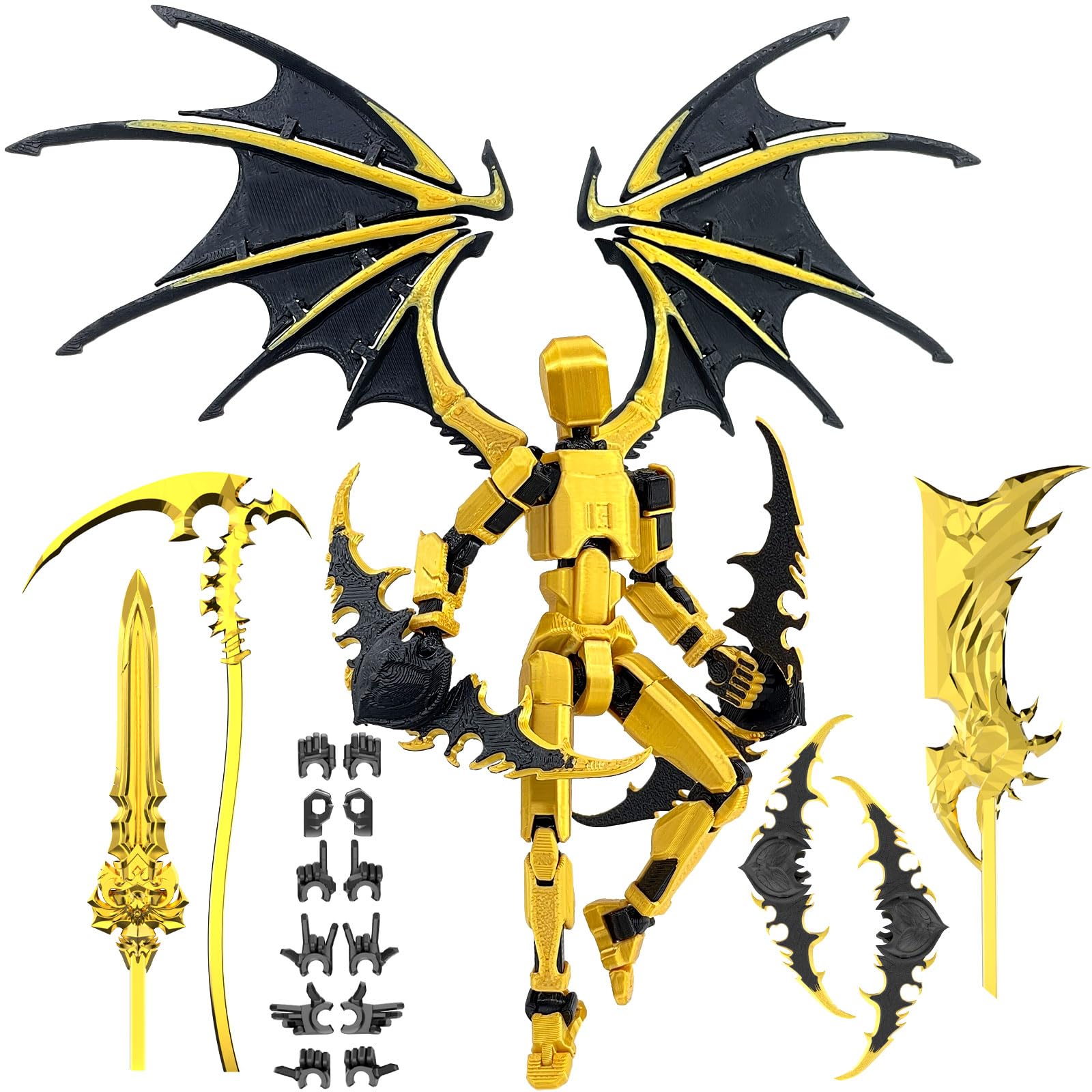 Falandi T13 Action Figure Already Assembled, Devil Wings Titan 13 Action Figure 3D Printed T13 Action Figures Set, T 13 Dummy 13 Robo 13, Lucky 13, Gift for Collectors Desktop Decorations (Black Gold)