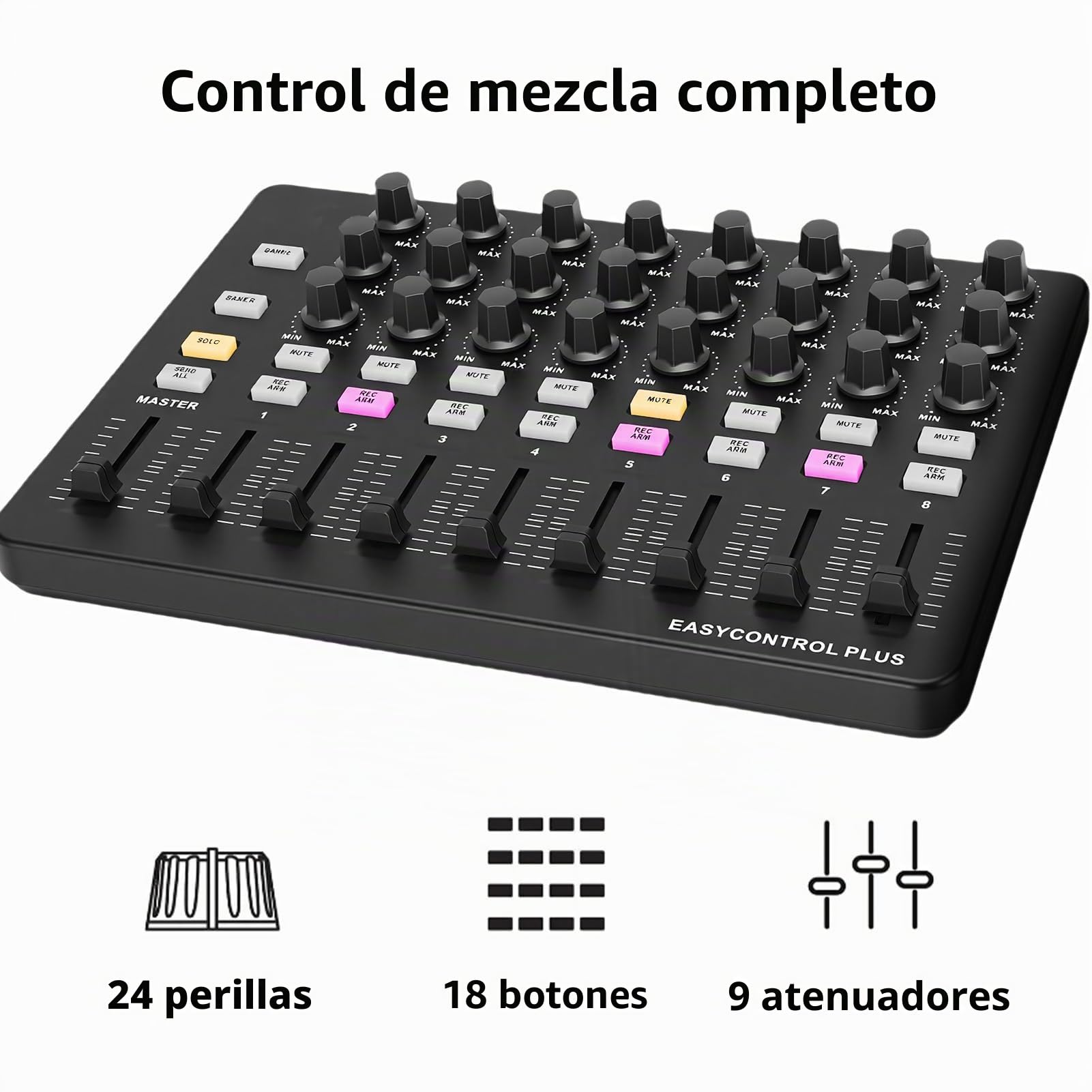 Controlador de Teclado MIDI, 24 Perillas Asignables, 9 Atenuadores, 18 Botones Programables con Sincronización con un Toque para Estudio Grabación de Producción Musical