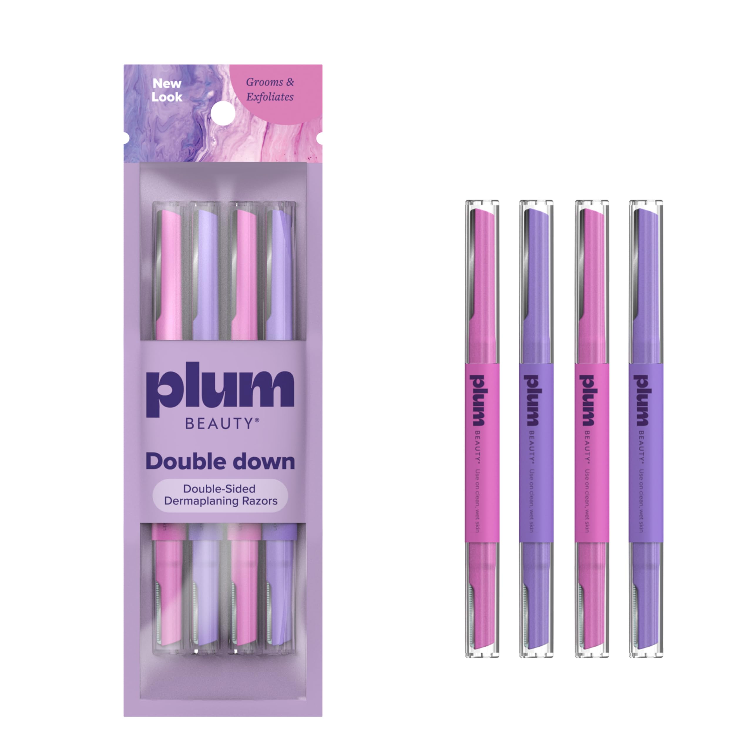 Plum Beauty Double-Sided Dermaplaning Razors (4-Pack) – Dual-Blade Facial Razors for Women - Precision & Large Blades for Brows, Upper Lip, & Cheeks - Peach Fuzz Remover & Exfoliating Face Tool - 2