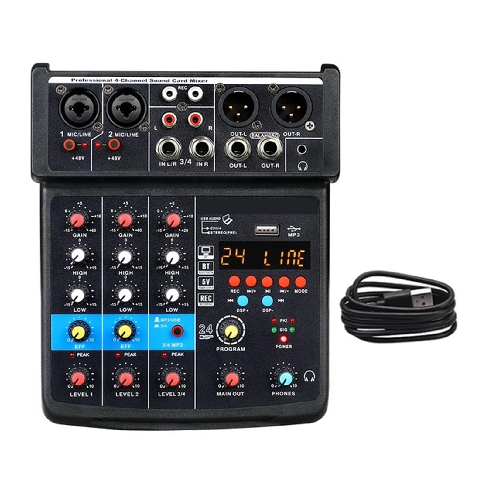 Mixer Audio Console Di Interfaccia Scheda Audio USB A 4 Canali 24 Con Registrazione Con Alimentazione Phantom Bluetooth 48V Su PC(Black)