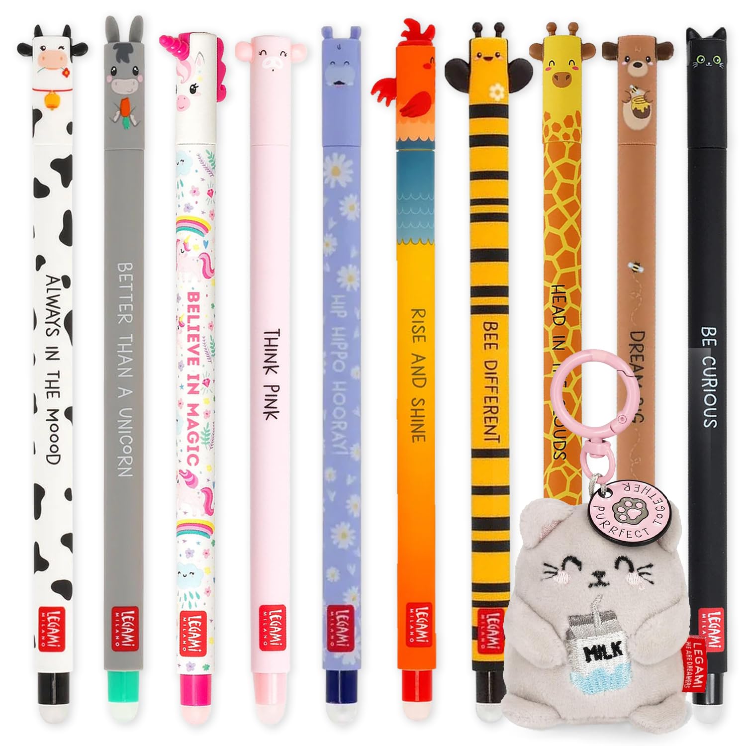 LEGAMI Löschbarer Gelschreiber + Plüsch-Schlüsselanhänger, Geschenkset, 10 Stifte mit thermoempfindlicher Löschtinte, verschiedene Tintenfarben, 0,7 mm Spitze, niedliche Tiermotiv-Designs (Kitty)