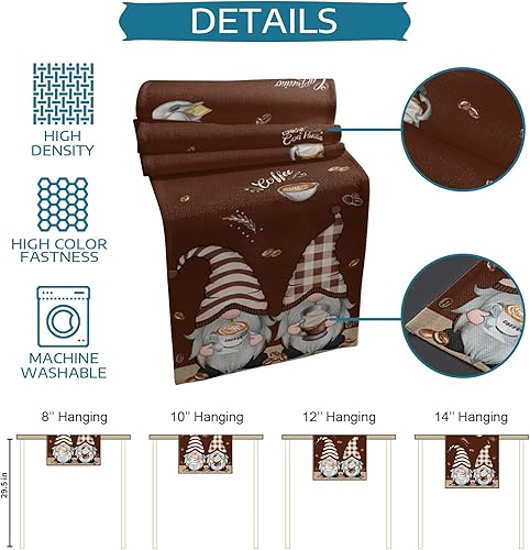 Miniatura 7 de Coffee Time - Bufandas de mesa marrones, lindos gnomos de granos de café, lino y algodón, caminos de mesa para cocina, comedor, cafetería,