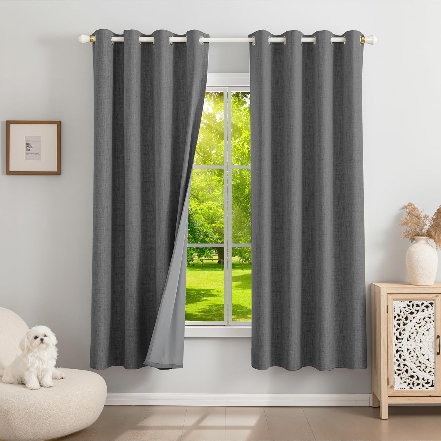 Runyéla 100% Blackout Linen Curtains Eyelet for Living Room Bedroom Kitchen Grey Thermal Curtain 52 x 63 Inch Drop 2 Panels Gray