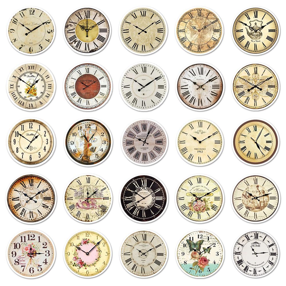 Vintage Clock Vinyl Stickers, 50 PCS Waterproof Illustrated Icon Decals for Laptops Scrapbooking, Journals, Notebooks - Image 3