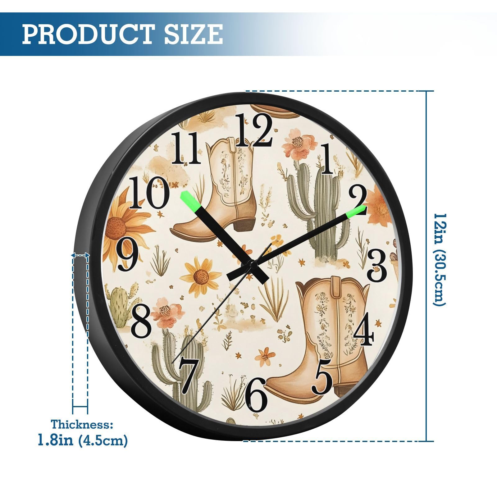Mnsruu Reloj de pared luminoso con botas de vaquero occidentales, reloj de pared bohemio con flores de cactus que brilla en la oscuridad, funciona con pilas, reloj de luz nocturna silencioso sin