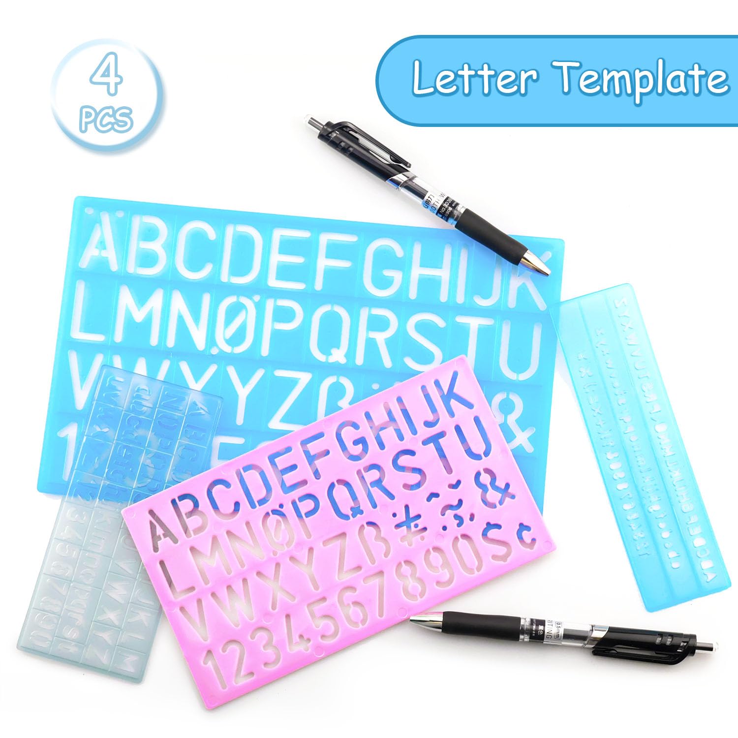 4 Piezas plantillas letra de plástico para lettering, letras reutilizables para manualidades
