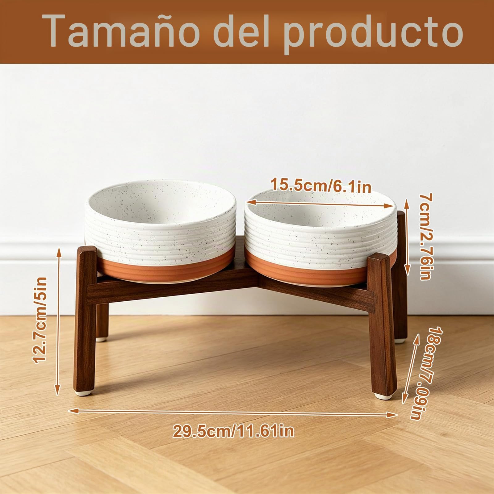 Comedero para perros de cerámica elevada con doble cuenco y soporte de madera de acacia, altura ajustable, para comida y agua, para perros pequeños a medianos, antideslizante, 850ml, Blanco