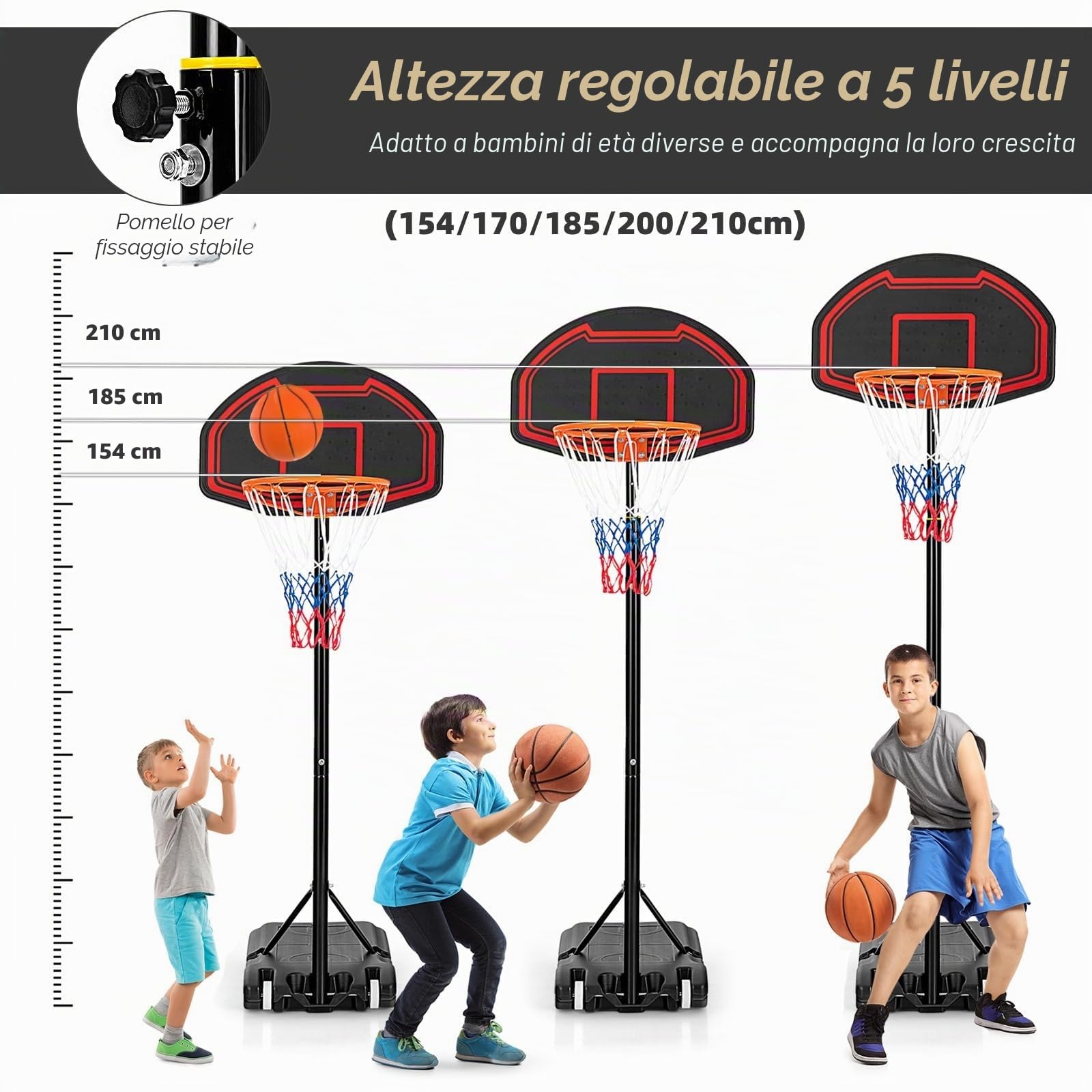 LIFEZEAL Canestro da Basket per Bambini con Base Riempibile, Regolabile in 5 Altezze, Rete Resistente e Tabellone Antirottura, Canestro per Pallacanestro per Interni ed Esterni, 248 x 71 x 154-210 cm