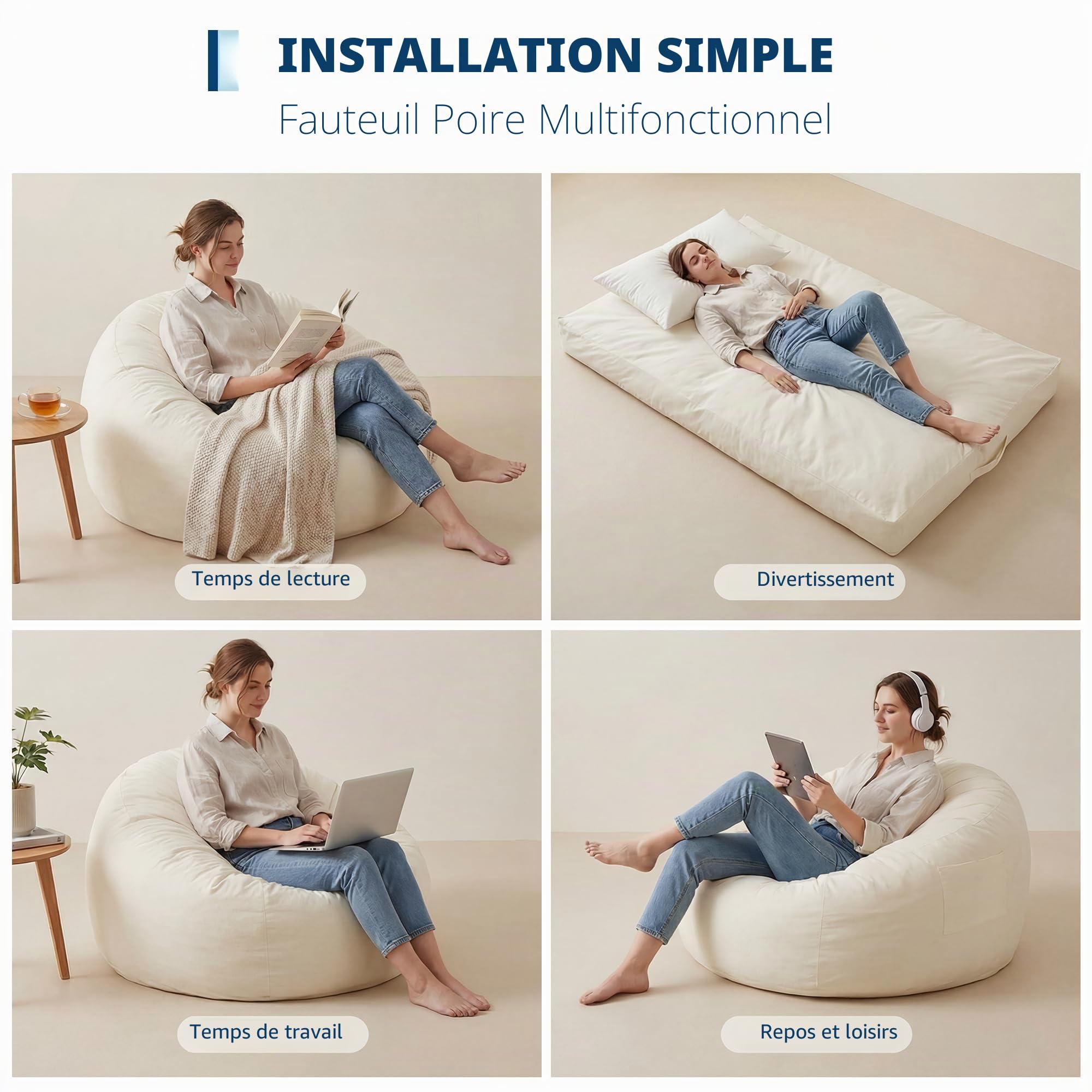 Pouf Lit Convertible en Velours Côtelé, Transformable en Matelas d’Appoint Ultra Confortable, Salon Utilisable, Canapé Rempli De Mousse, Fauteuil Lounge, Chauffeuse en Futon Matelas De Sol