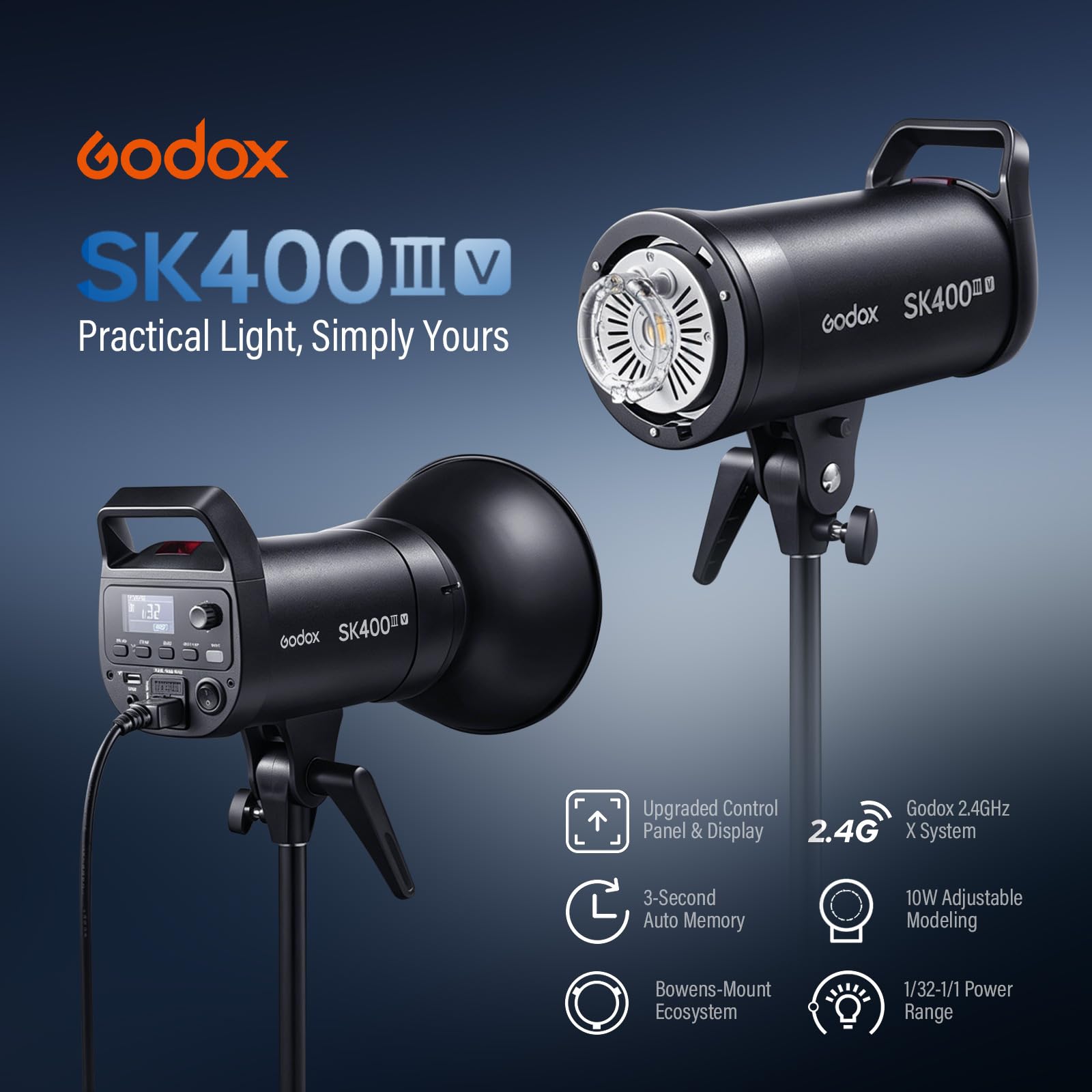 Godox SK400IIIV, kit flash stroboscopico da studio da 1200 W, aggiornamento 2026, monolight da 400 W, sistema wireless 2,4 G, supporto Bowens, softbox, supporti luce per fotografia di ritratto (kit