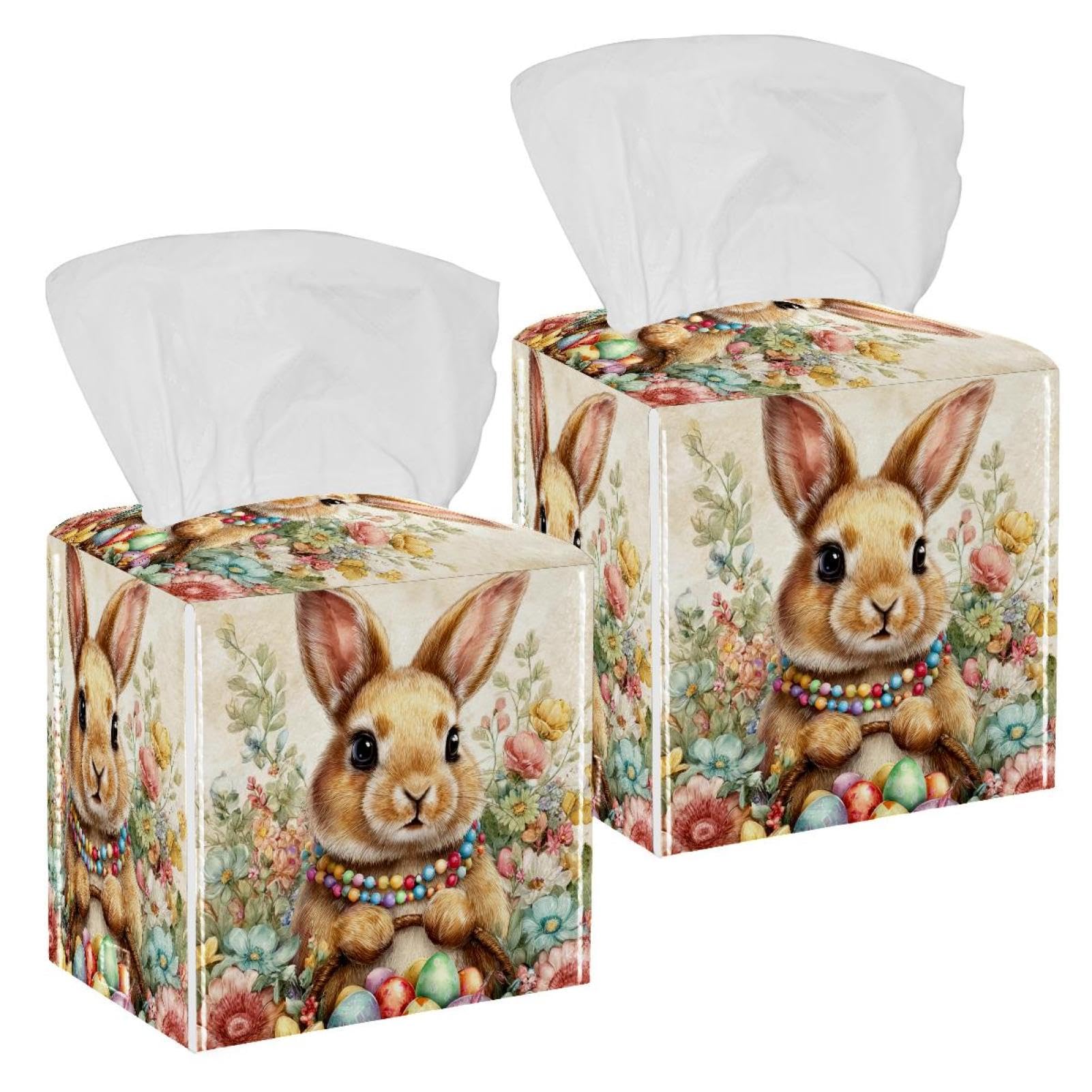 Easter Rabbit Tissue Box Cover, 2 Pack PU Leather Square Facial Tissue Dispenser Box holder for Home Office Car