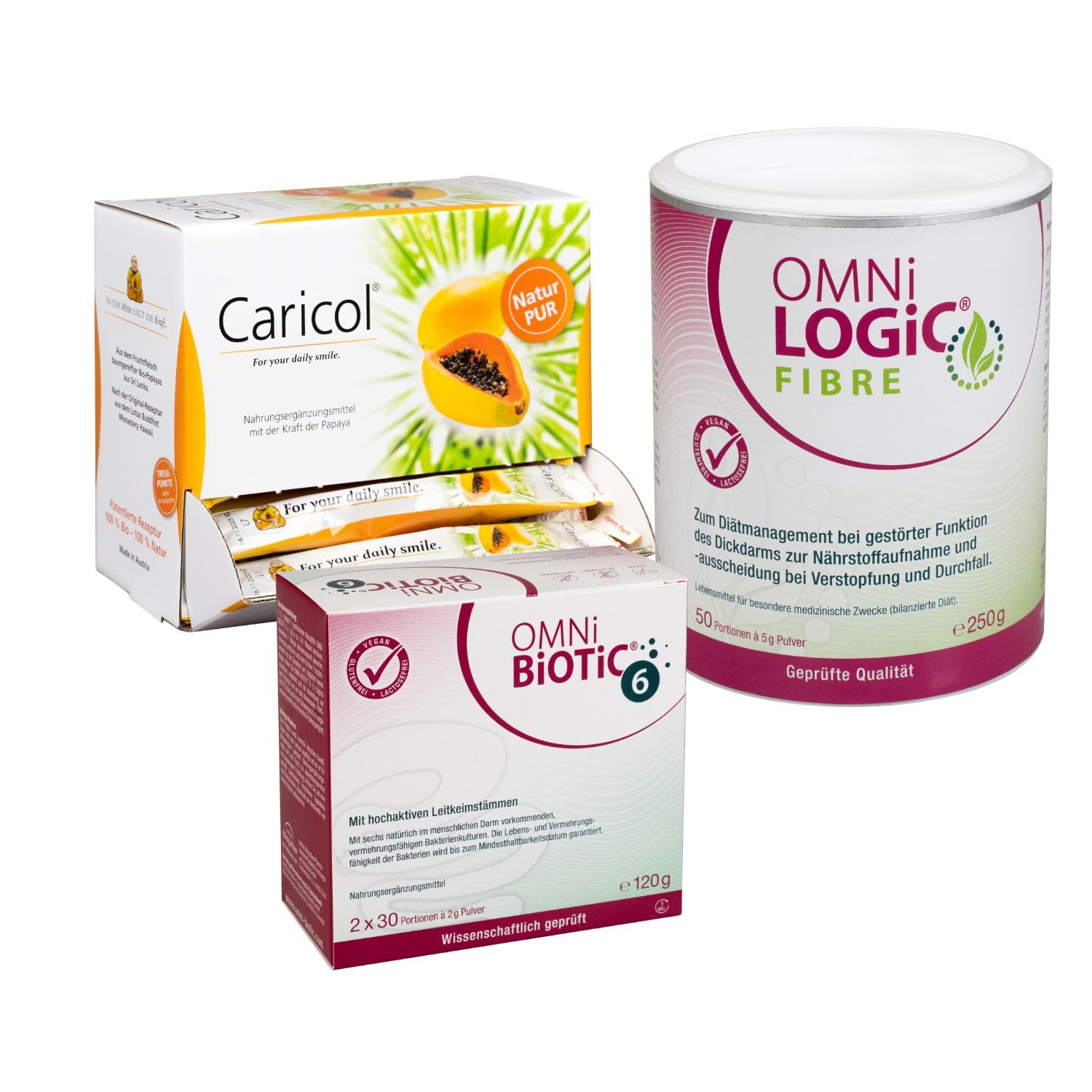 Paket gegen Verstopfung: OMNi BiOTiC 6 | 60 Portionen (120 g) + OMNi LOGiC FIBRE | 250 g (50 Portionen) + Caricol | 42 Sticks á 20 g (840 g) | Die täglichen Begleiter für ein gutes „Bauchgefühl“