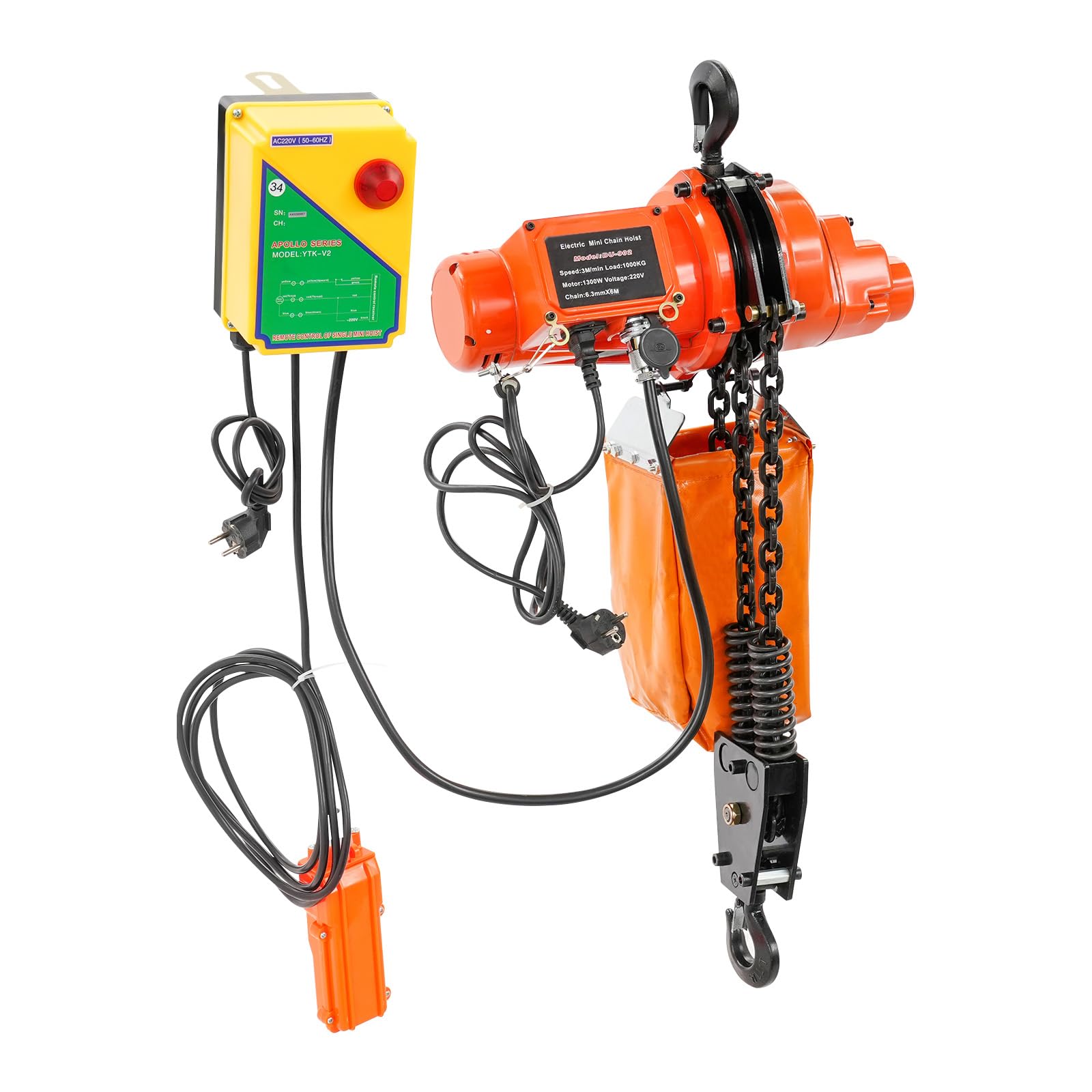 Polipasto eléctrico de cadena 1000 kg, 6 m, 1300 W, con mando a distancia | Con mando a distancia inalámbrico de hasta 100 m, mando a distancia por cable de 4,5 m y bolsa de cadena.
