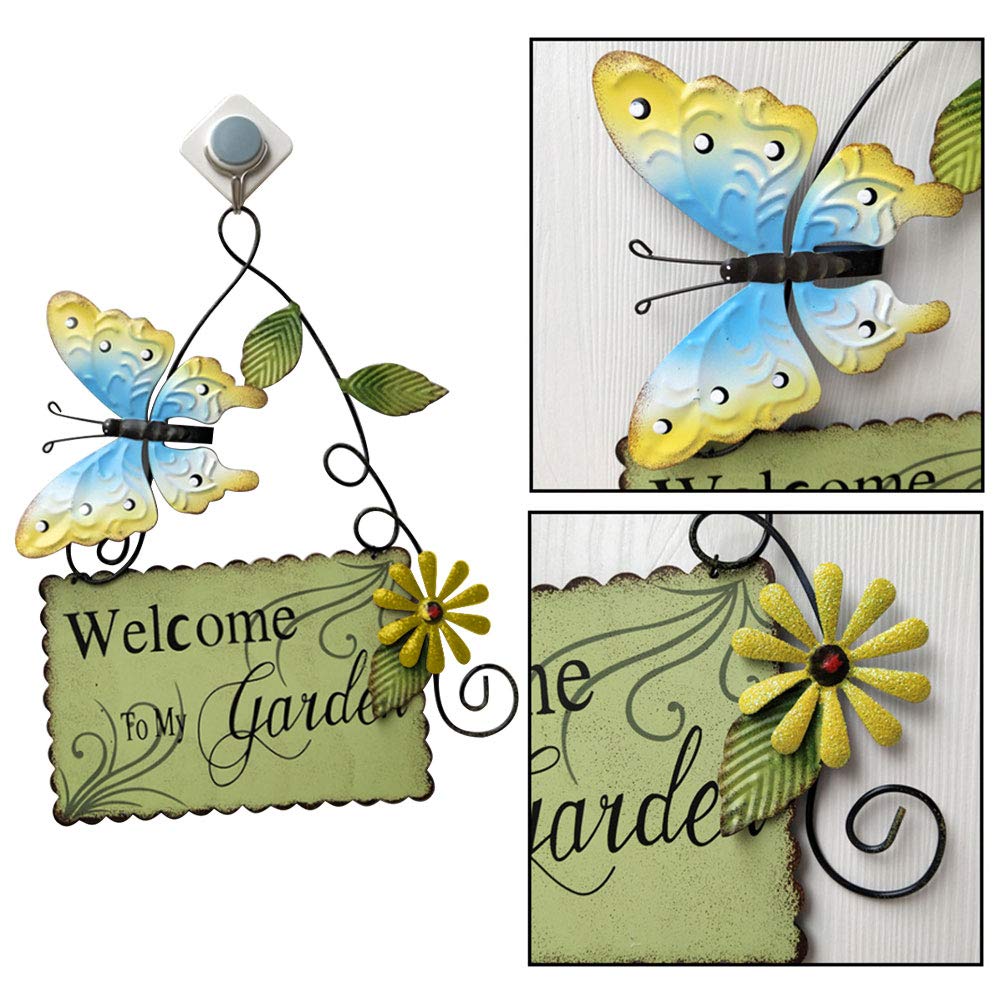 cartello di benvenuto da giardino con scritta in lingua inglese "Welcome to My Garden", in metallo da appendere, con farfalla, decorazione da parete per esterni, giallo, 18cm x 30cm