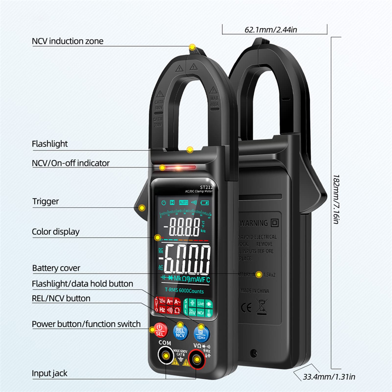 Cyfrowy inteligentny amperymetryczny zacisk, ST212 AC DC Prąd Cyfrowy amperymetryczny 6000 koralików Tester rezystancji napięcia Tester rezystancji napięcia do testu prądu napięciowego (czarny)