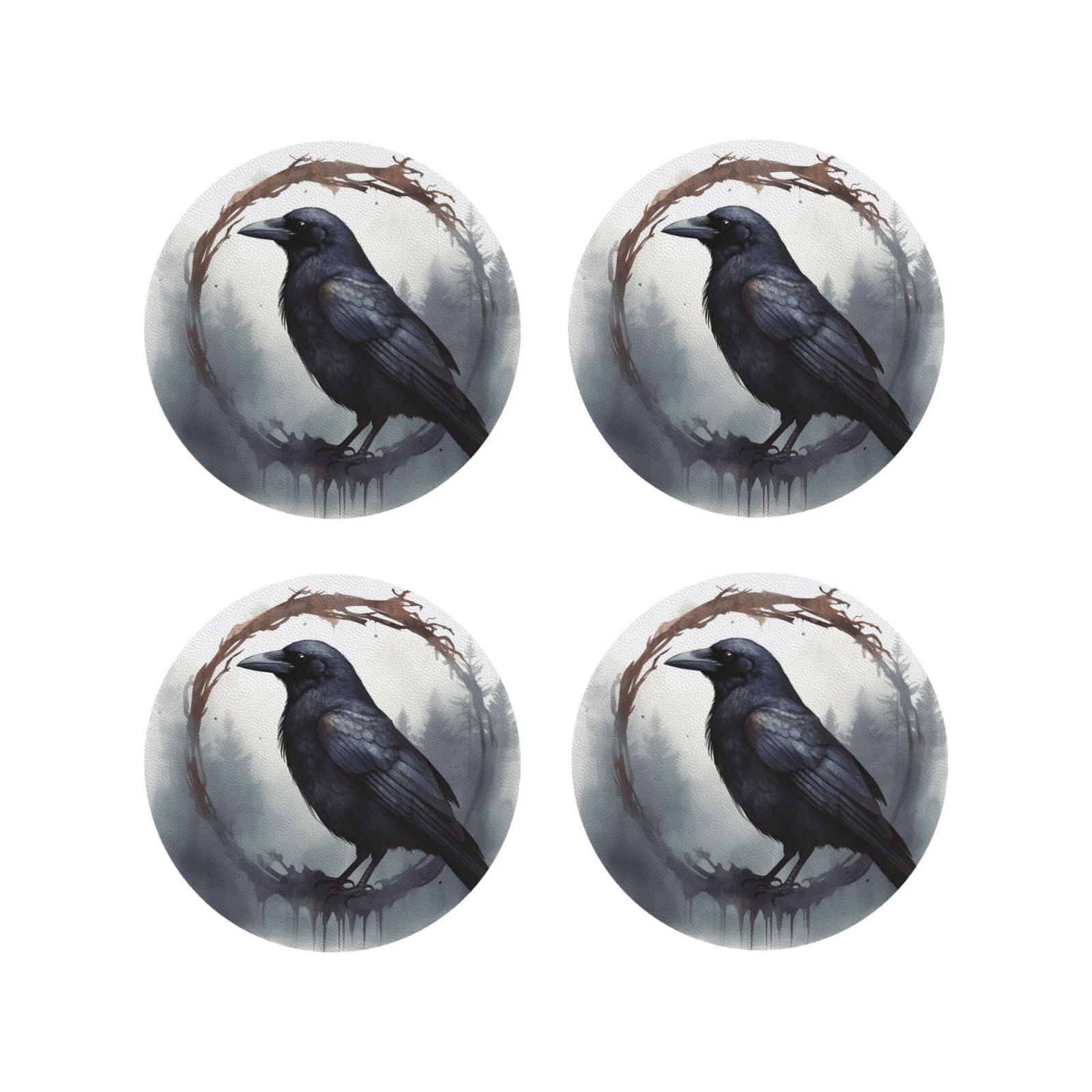 4Pcs PU Leather Coaster for Drinks, Black Crow Cup Coastersr 4" Cup Mat Pad, Aesthetic Drink Coasters for Coffee Table, Round Shape Coaster for Tabletop Protection