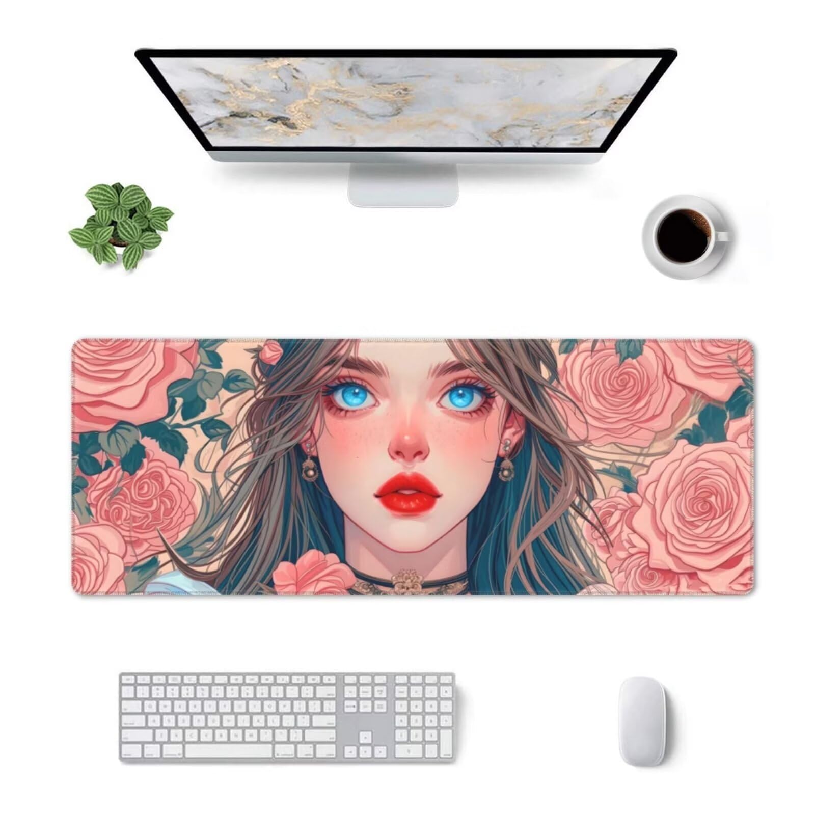 Tappetino Mouse, Tappetino Mouse Gaming Grande XXL 1500x800x3mm Tappetino Scrivania Mouse Pad, Base in Gomma Antiscivolo, Bordi Cuciti,Lavabile, Mousepad per Ufficio e Gaming (Rose Girl) R-484
