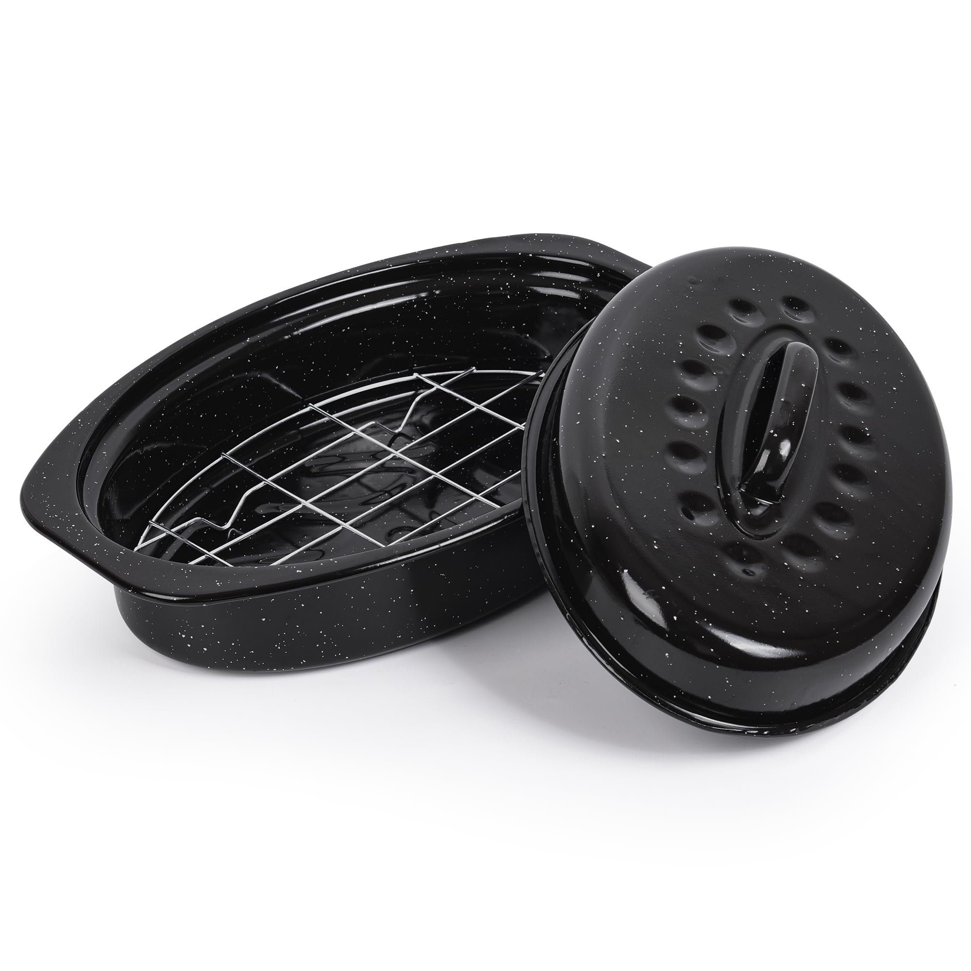 13” roaster pan with lid and rack, small enamel roaster pan with oval roasting rack, granite baking pot for chicken turkey lamb, heat resistant, oven/dishwasher/all stovestops compatible