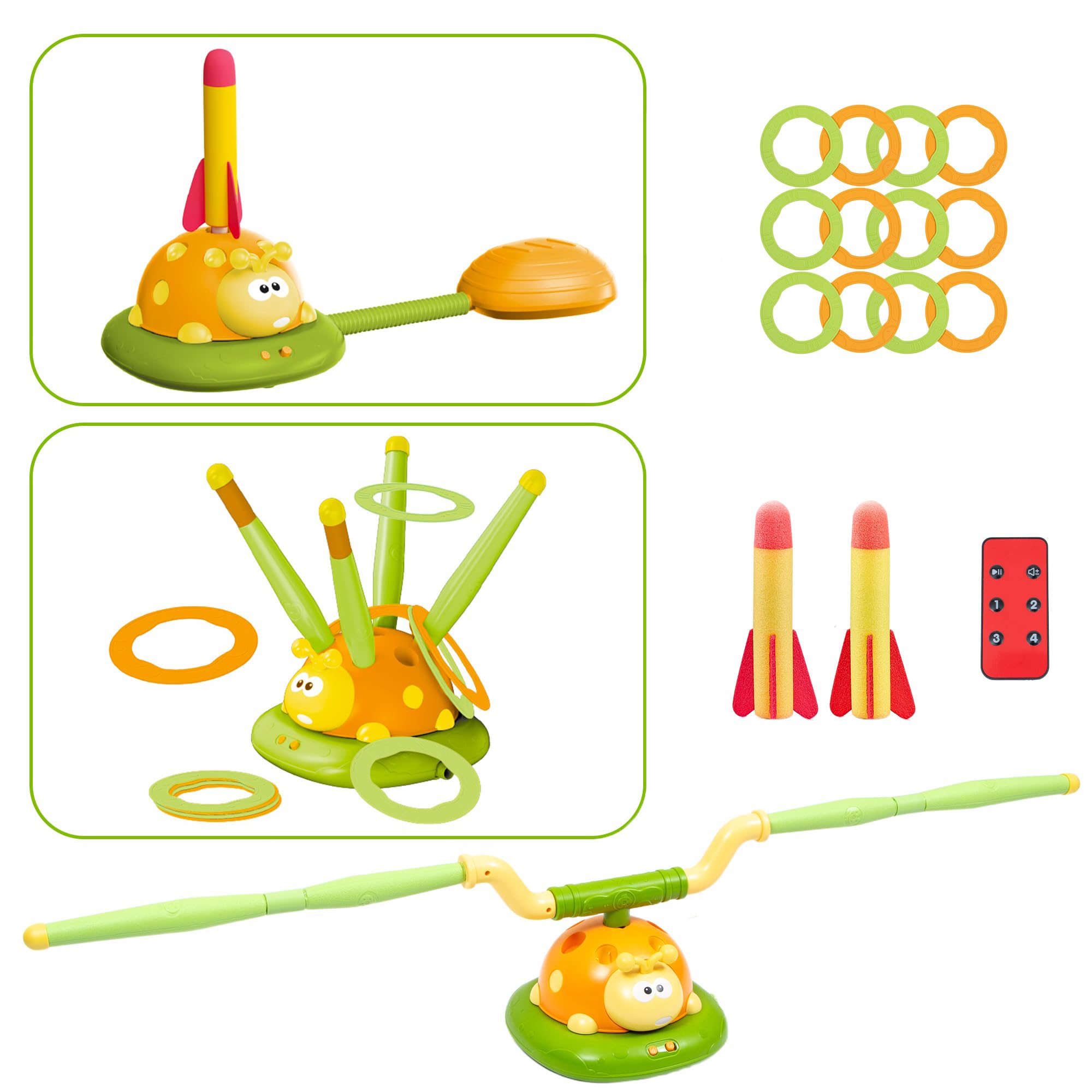 3 in 1 Multifunctional Sports Game Toy for Kids - Indoor Outdoor Ladybug Fitness Machine with Rocket Launcher, Ring Toss & Music Jump Game, Active Play Equipment for Toddlers Boys Girls