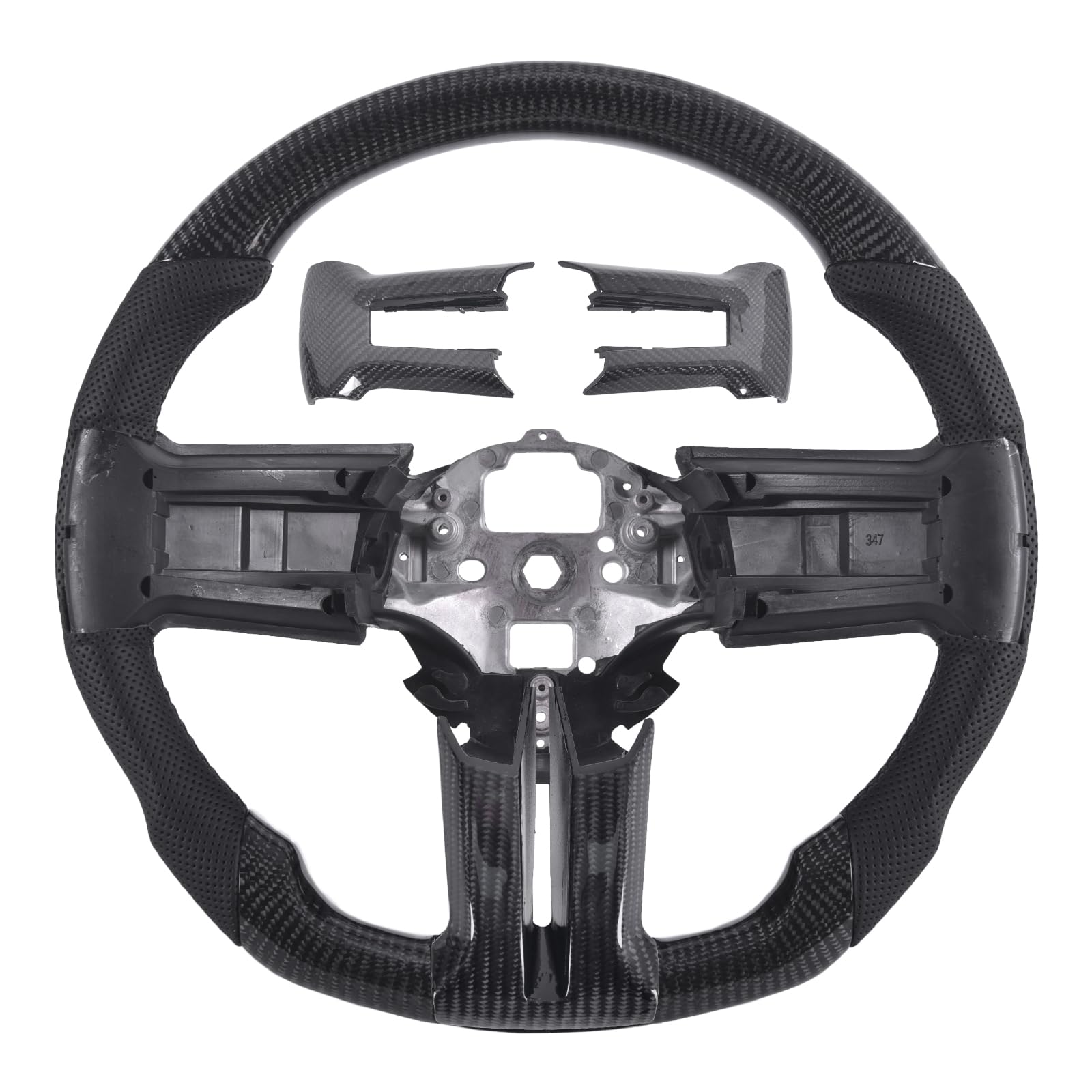 EASSAFEX Real Carbon Fiber Steering Wheel for Mustang EcoBoost/GT/Shelby GT350/GT350R 2012-2014, D-shaped Flat-bottom Nappa Perforated Leather Grip